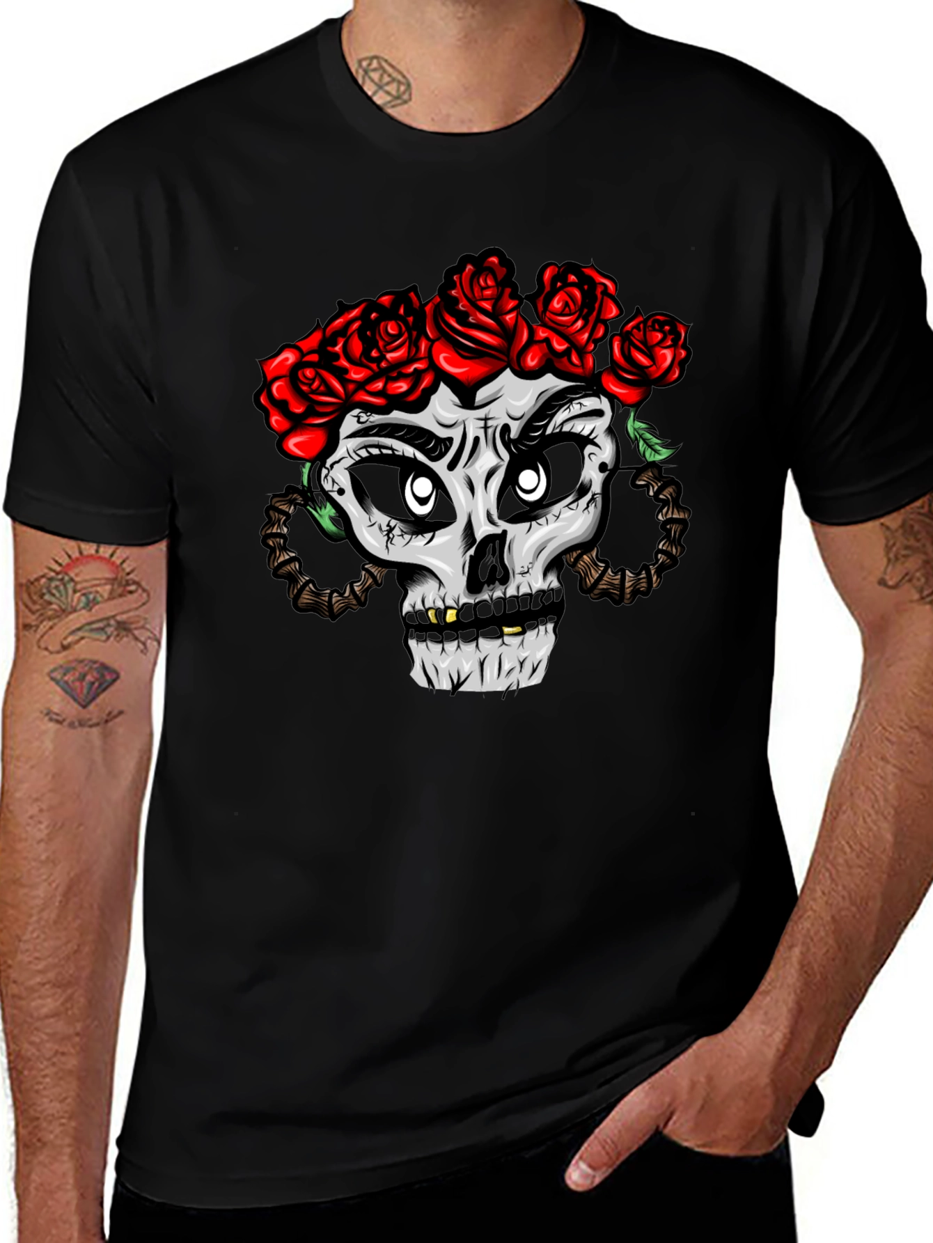 Skull with Roses Graphic Tee - Black