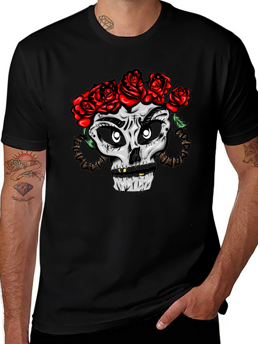 Skull with Roses Graphic Tee - Black