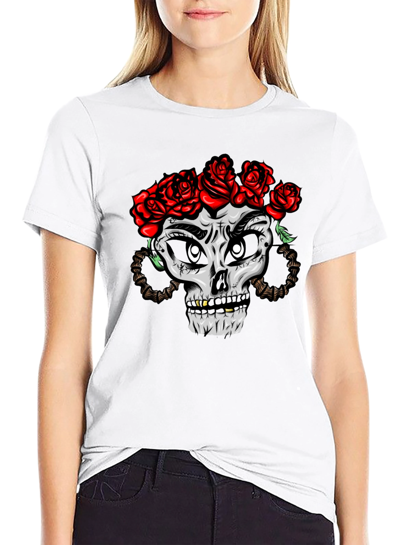 Skull with Roses Graphic Tee - Black