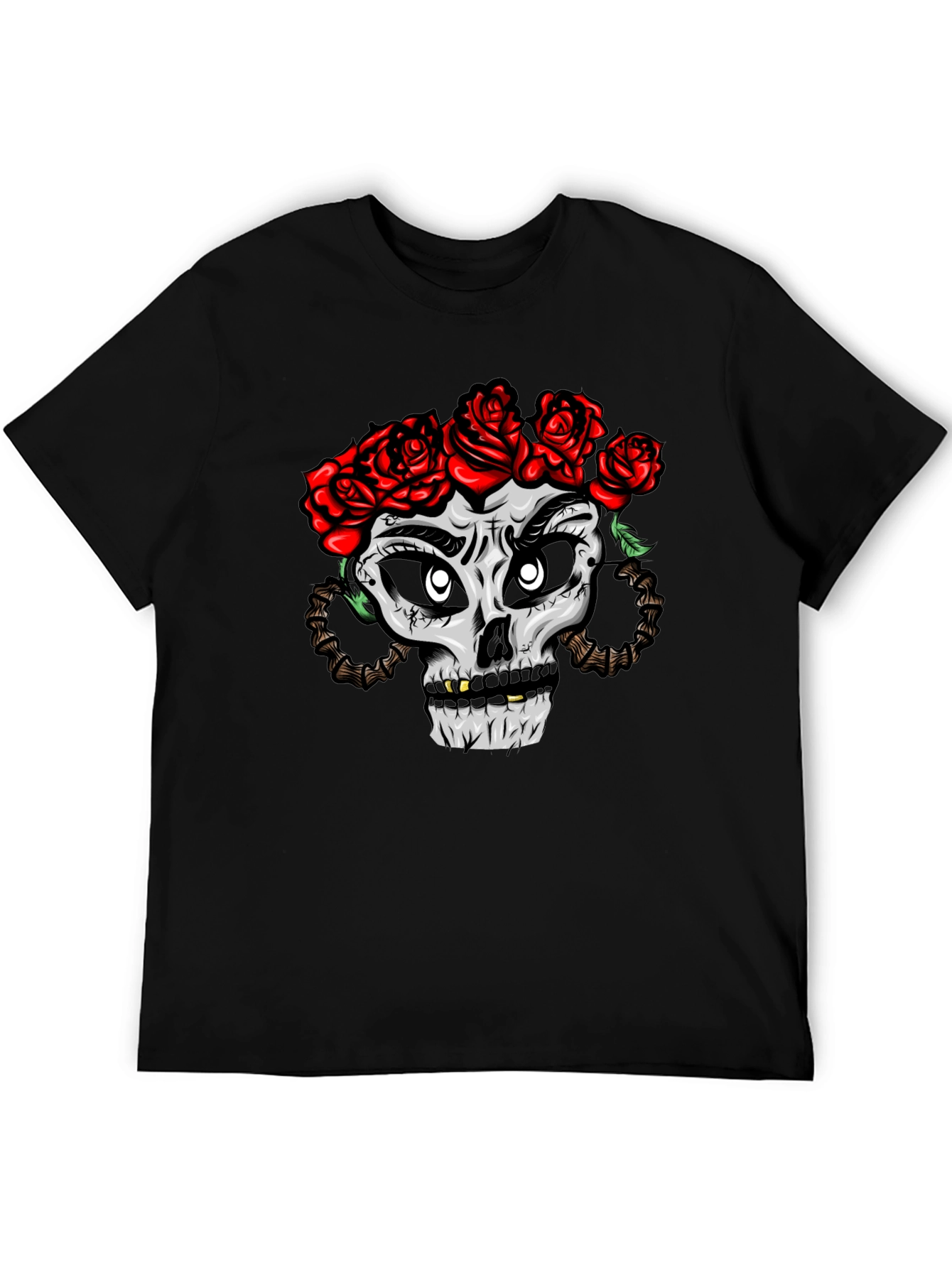 Skull with Roses Graphic Tee - Black