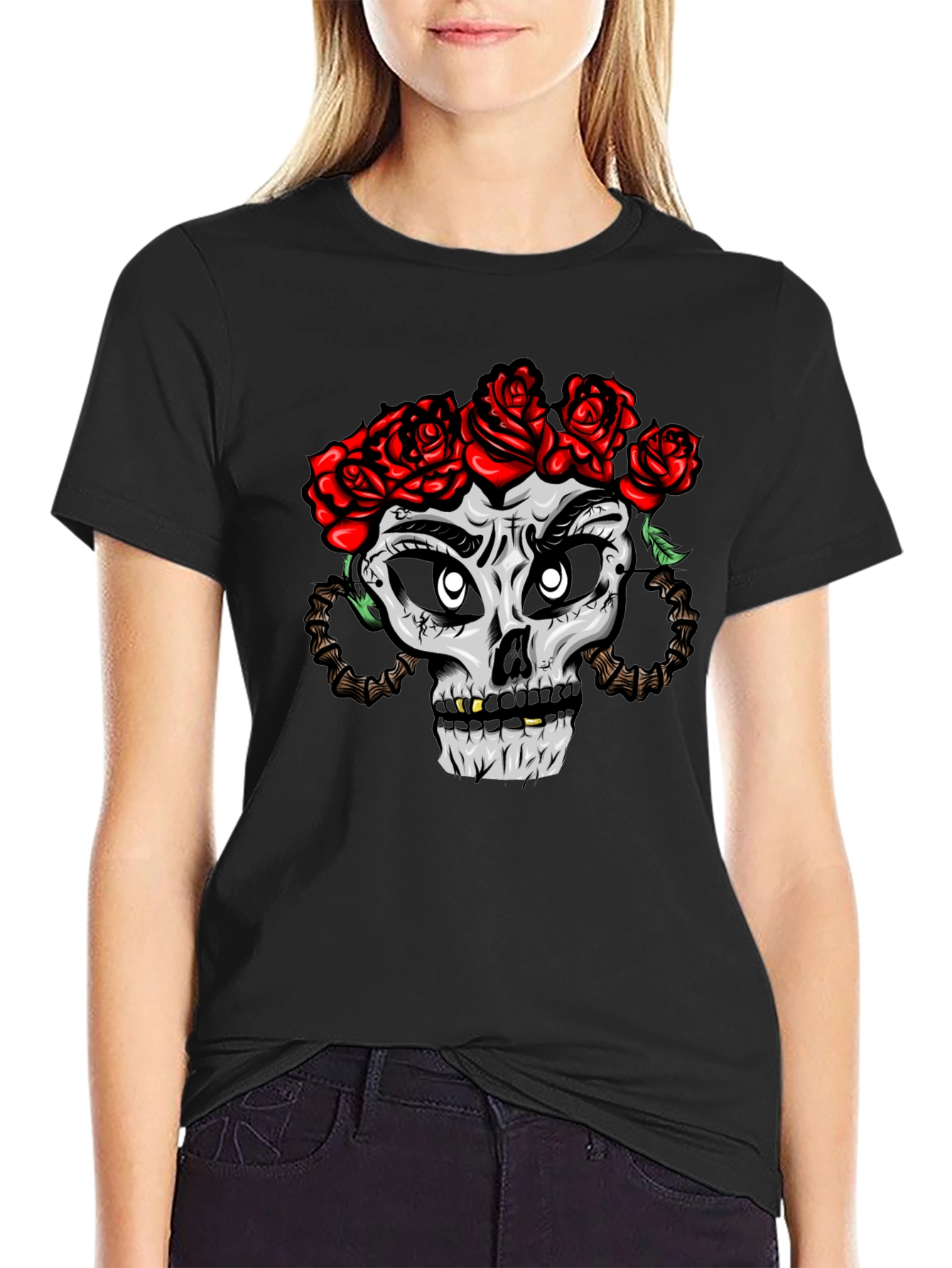 Skull with Roses Graphic Tee - Black