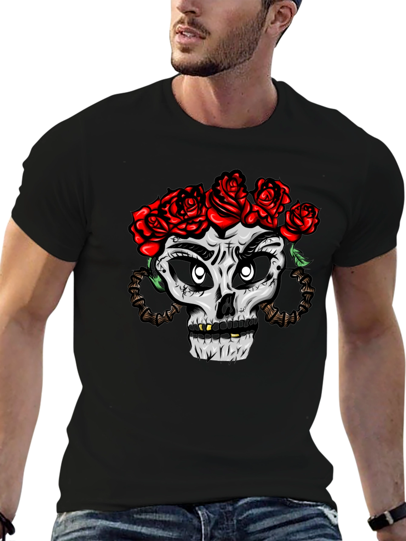Skull with Roses Graphic Tee - Black