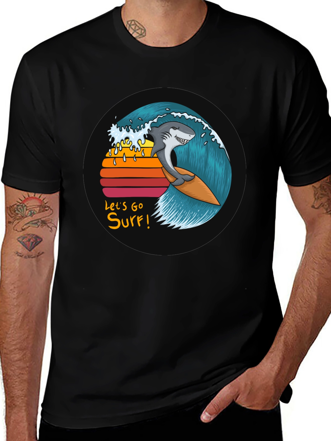 Shark Surfing Wave Graphic Tee - Lets Go Surf!