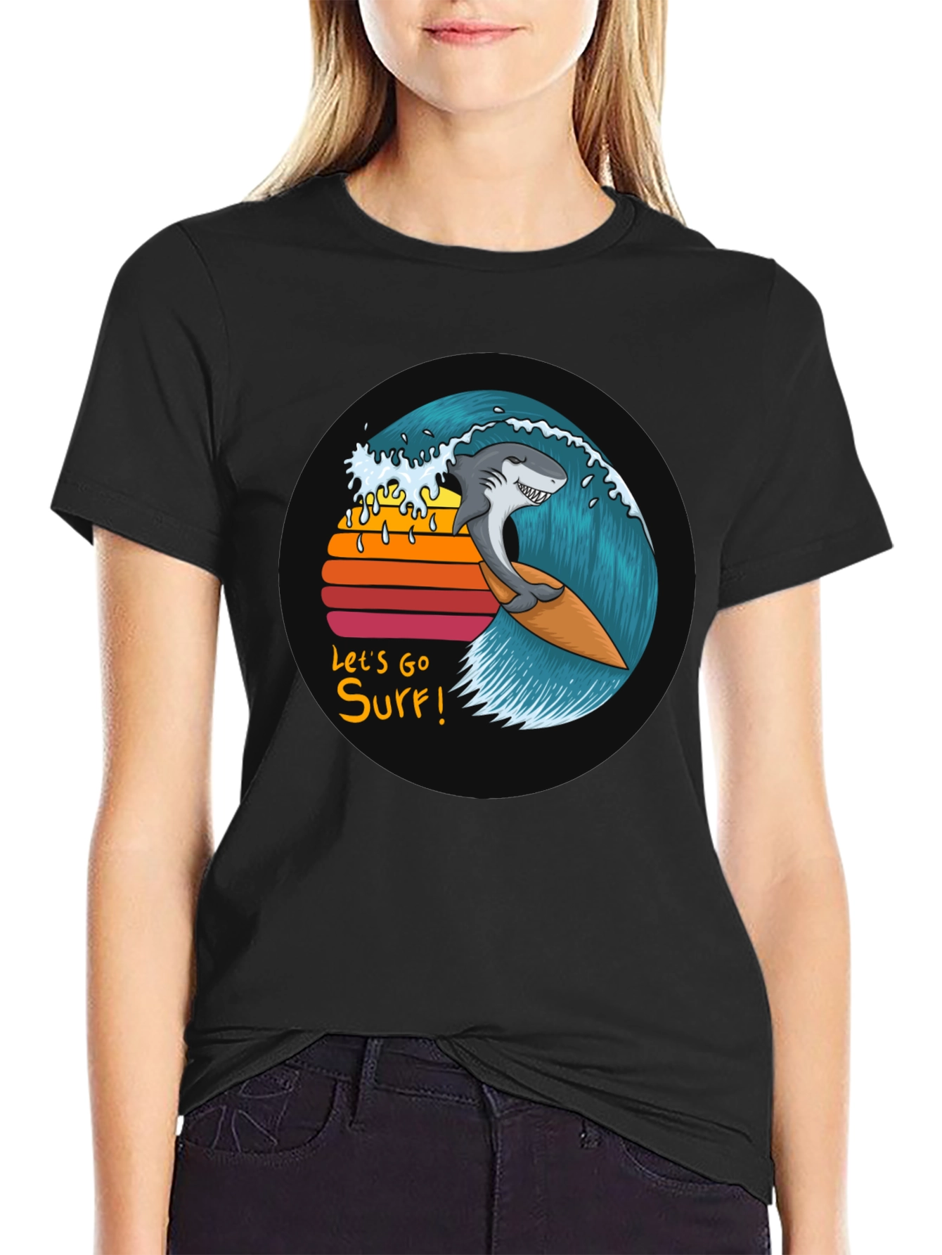 Shark Surfing Wave Graphic Tee - Lets Go Surf!