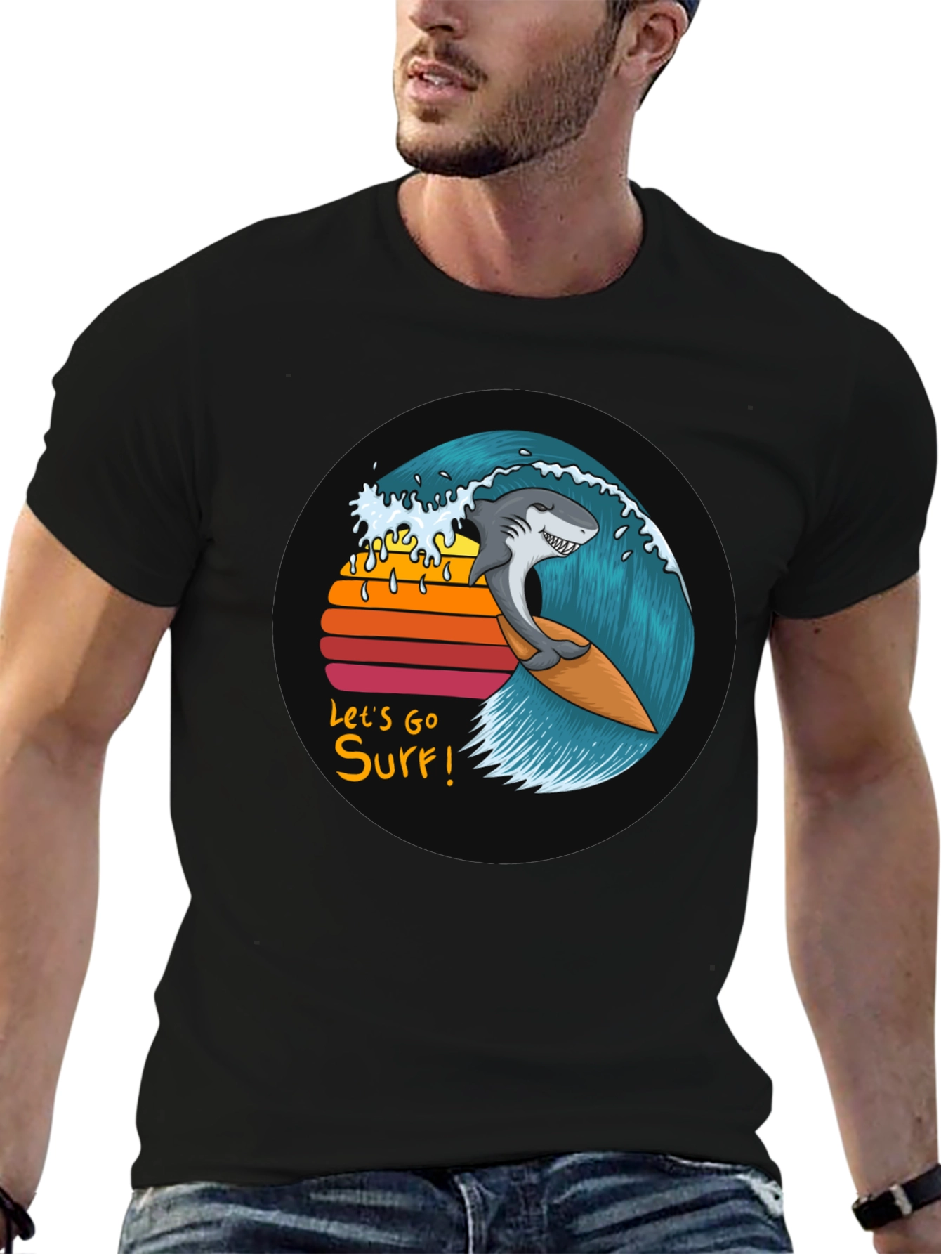 Shark Surfing Wave Graphic Tee - Lets Go Surf!