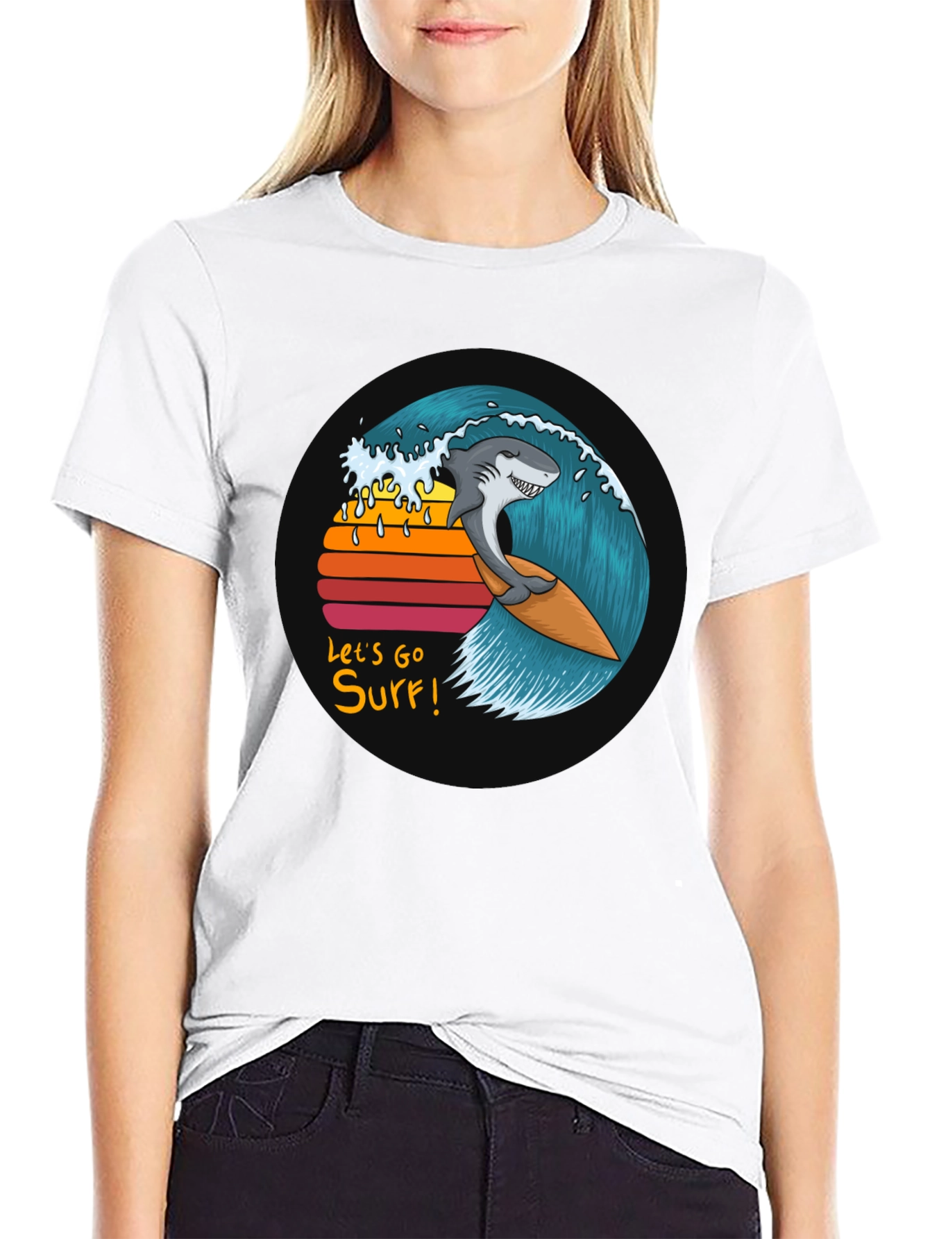 Shark Surfing Wave Graphic Tee - Lets Go Surf!