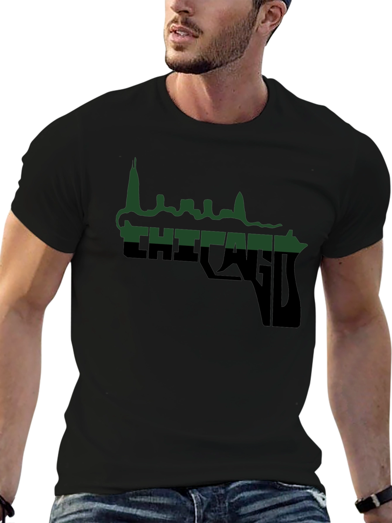 Chicago Skyline Gun Graphic T-Shirt