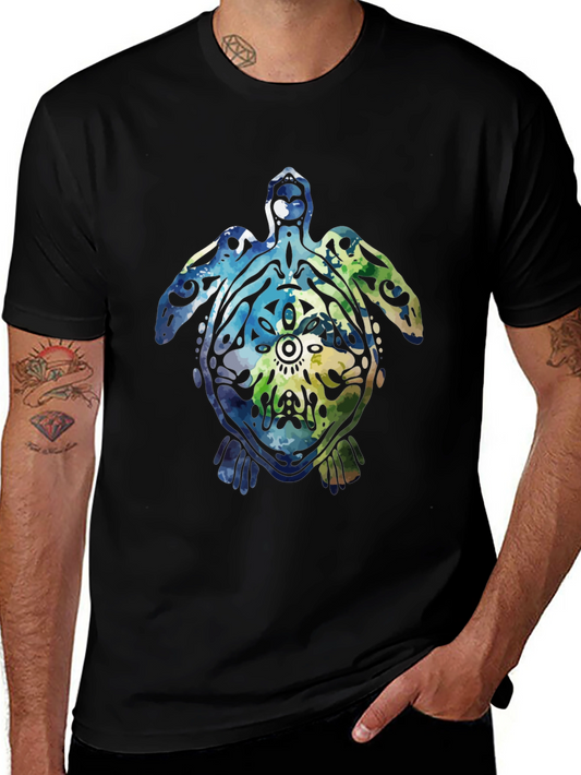 Watercolor Turtle Graphic Tee - Casual Black T-Shirt