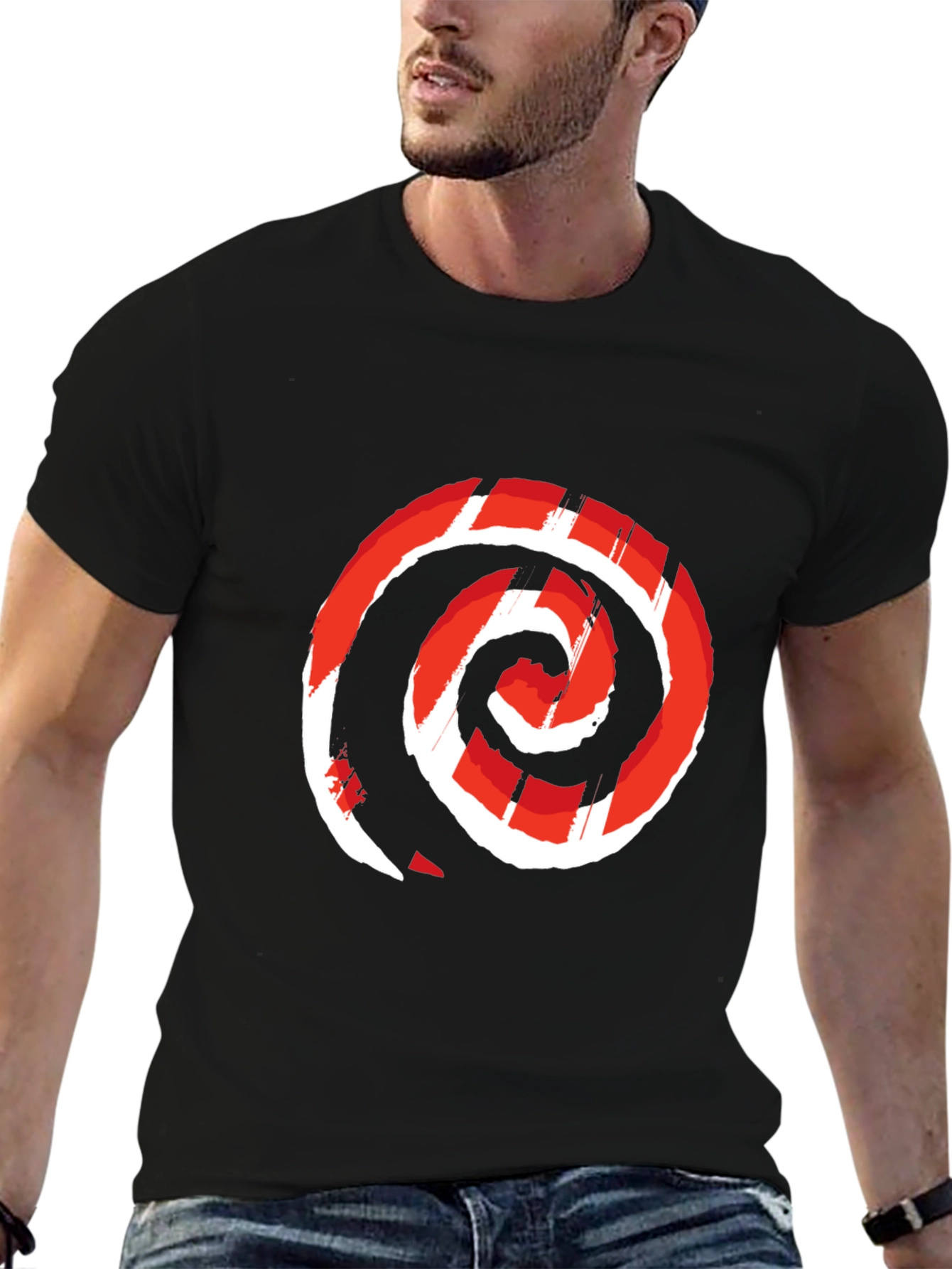 Red Swirl Graphic Print Black Tee