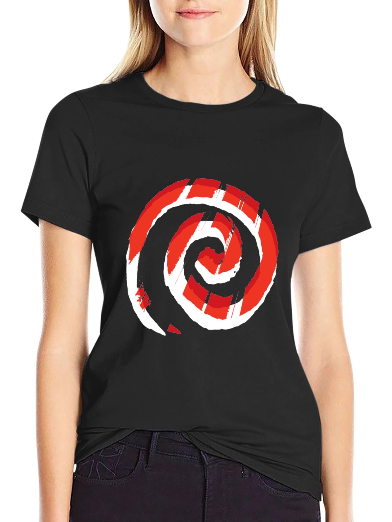 Red Swirl Graphic Print Black Tee