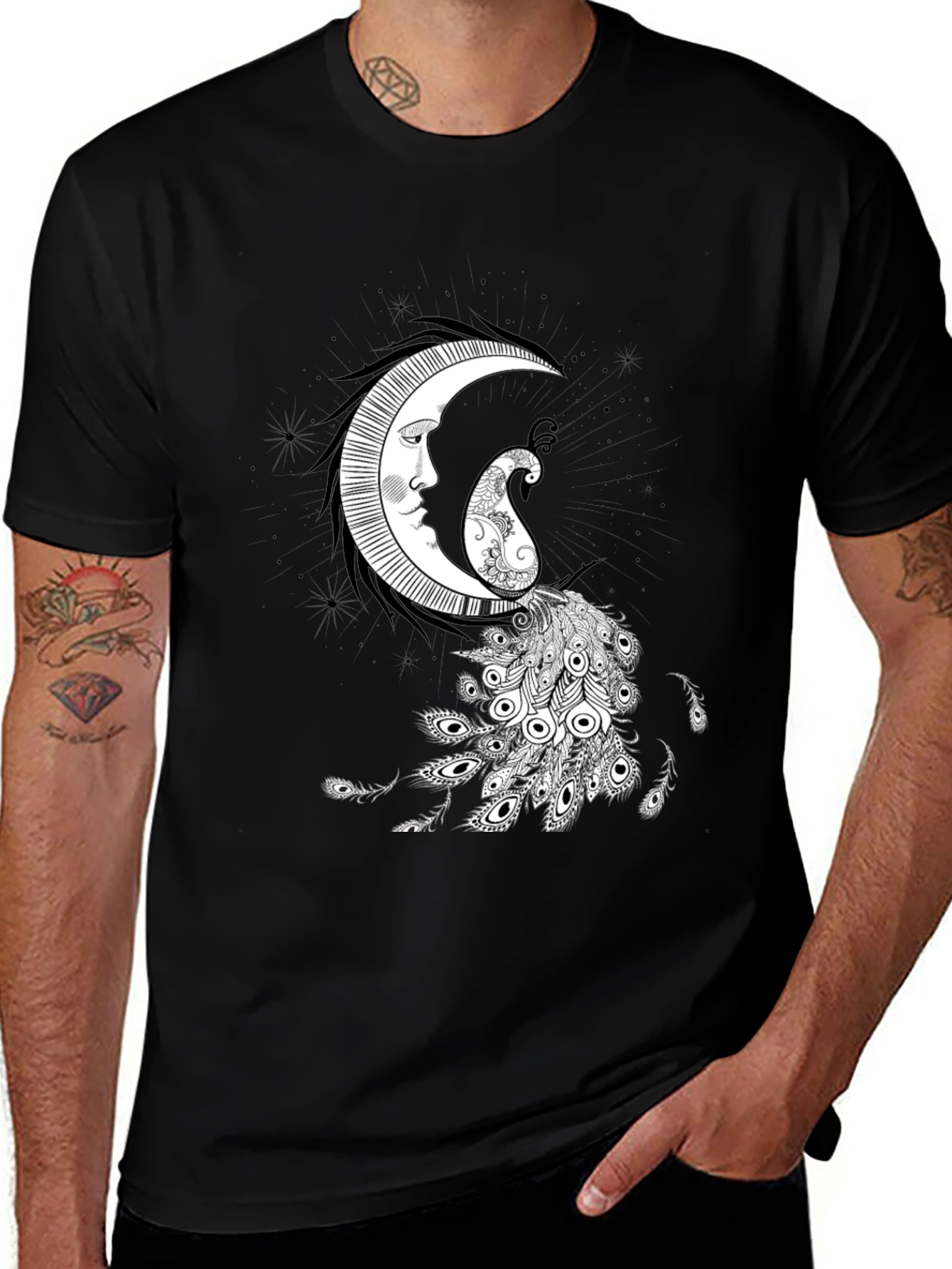 Mystic Moon & Paisley Peacock Graphic Tee - Black