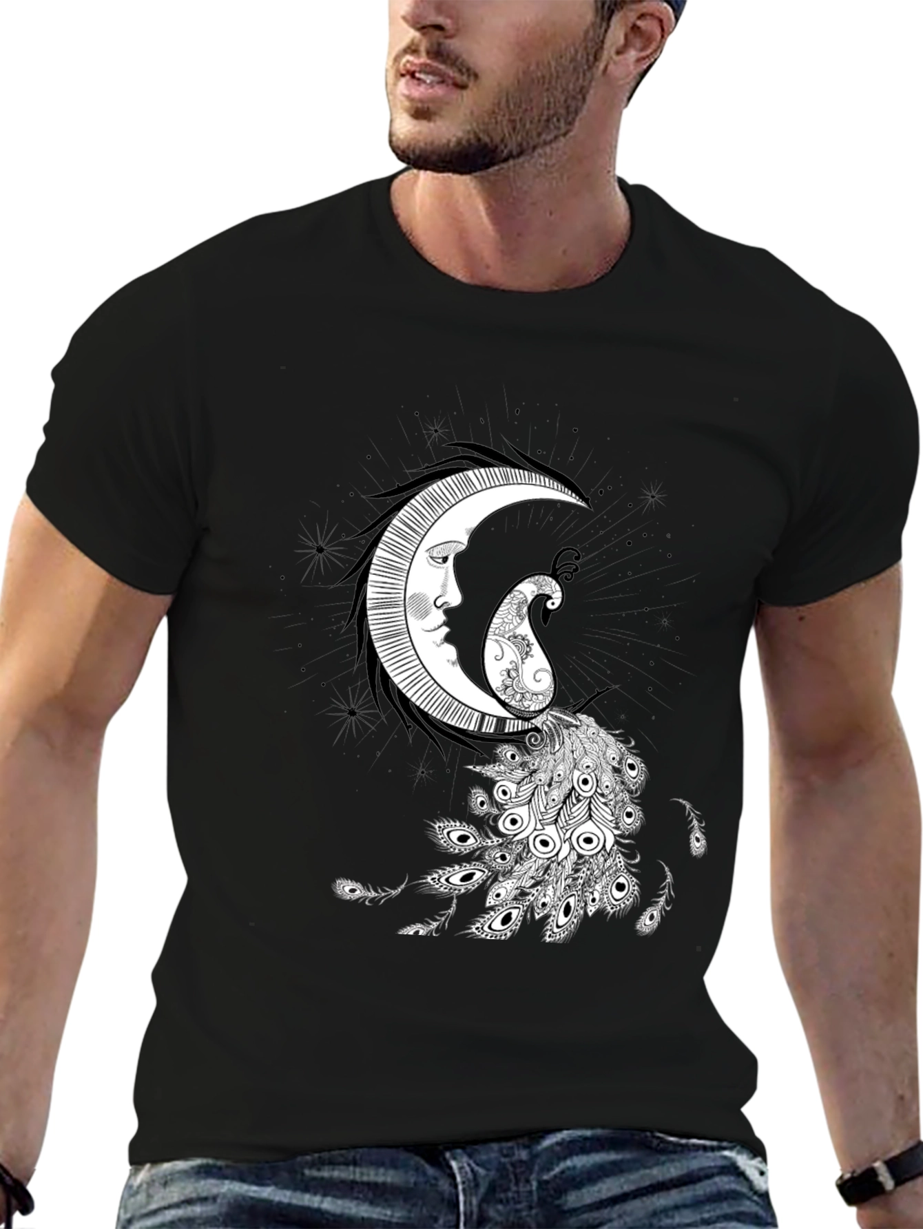 Mystic Moon & Paisley Peacock Graphic Tee - Black