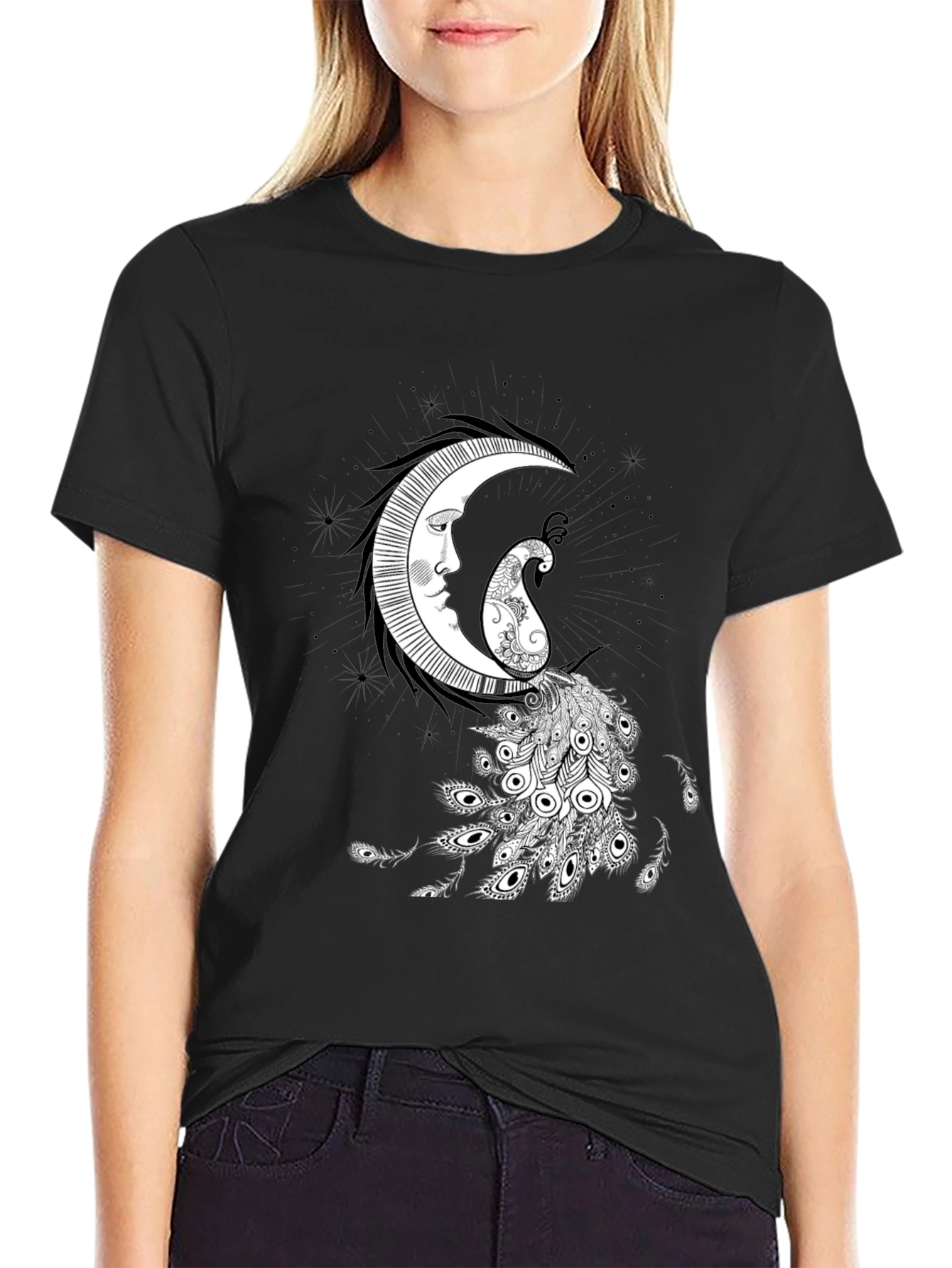 Mystic Moon & Paisley Peacock Graphic Tee - Black