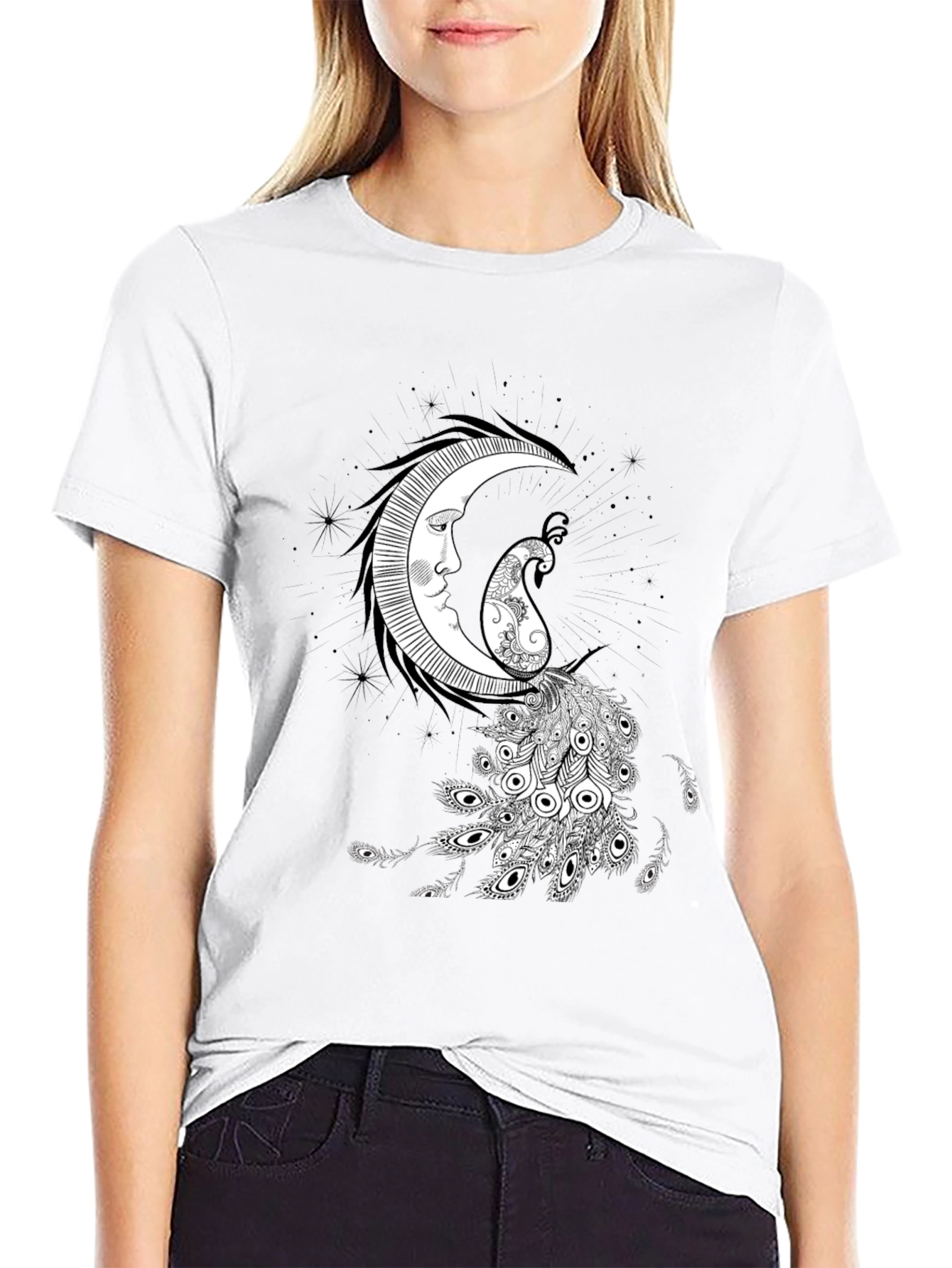 Mystic Moon & Paisley Peacock Graphic Tee - Black