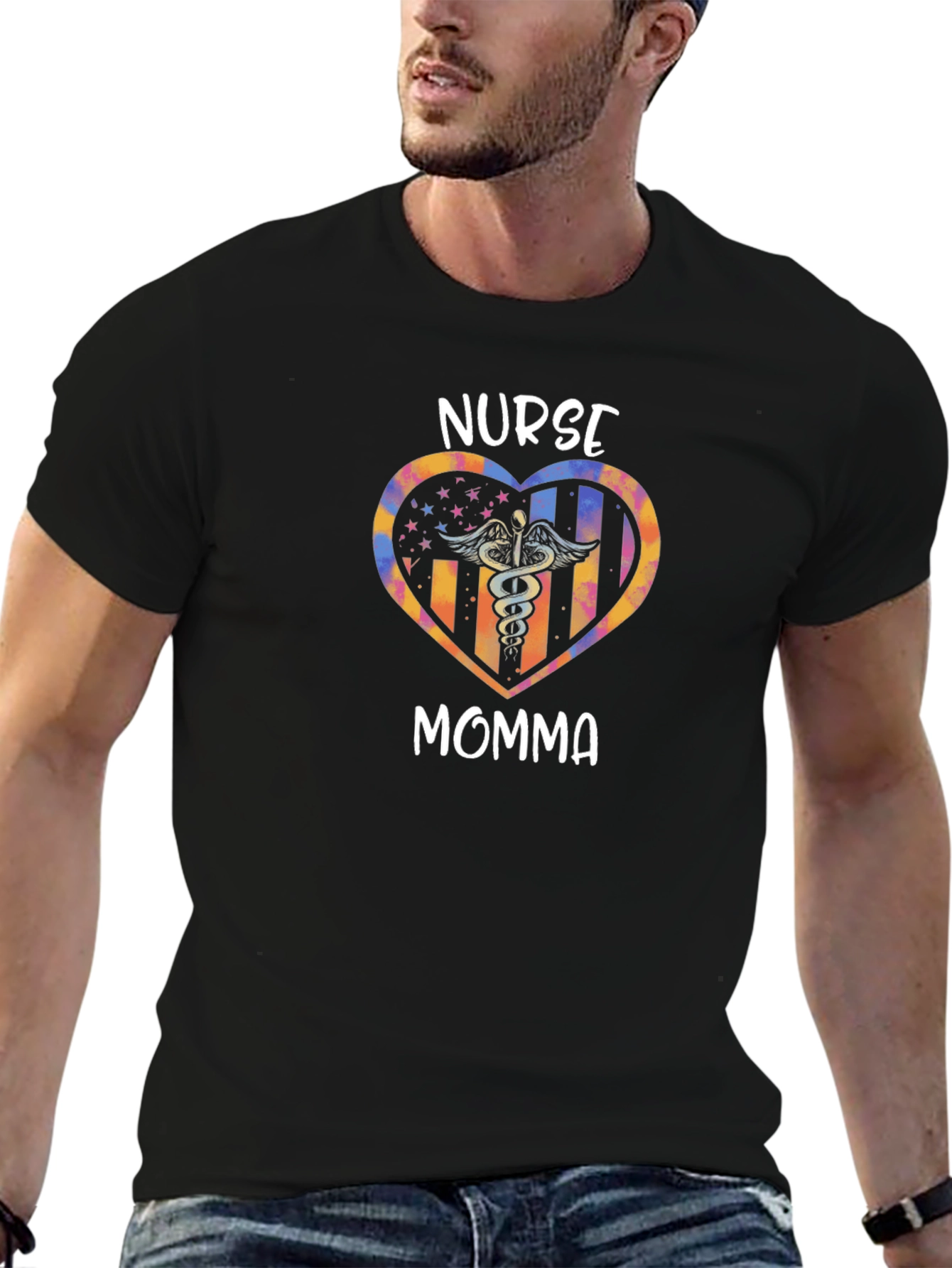 Nurse Momma Heart Graphic Tee - Black
