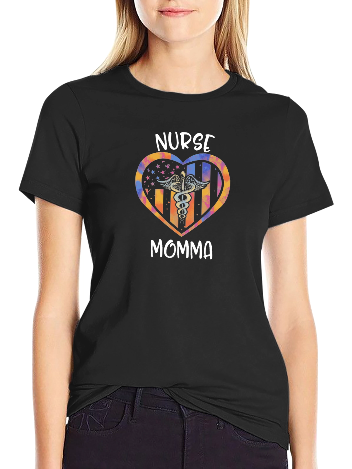 Nurse Momma Heart Graphic Tee - Black