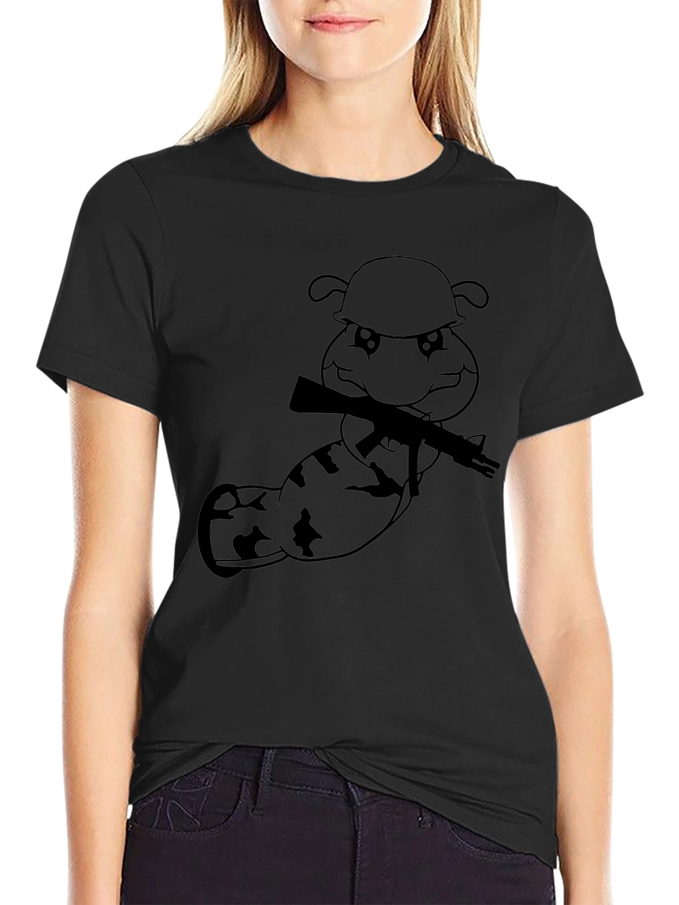 Cartoon Soldier Worm Graphic Tee - Black