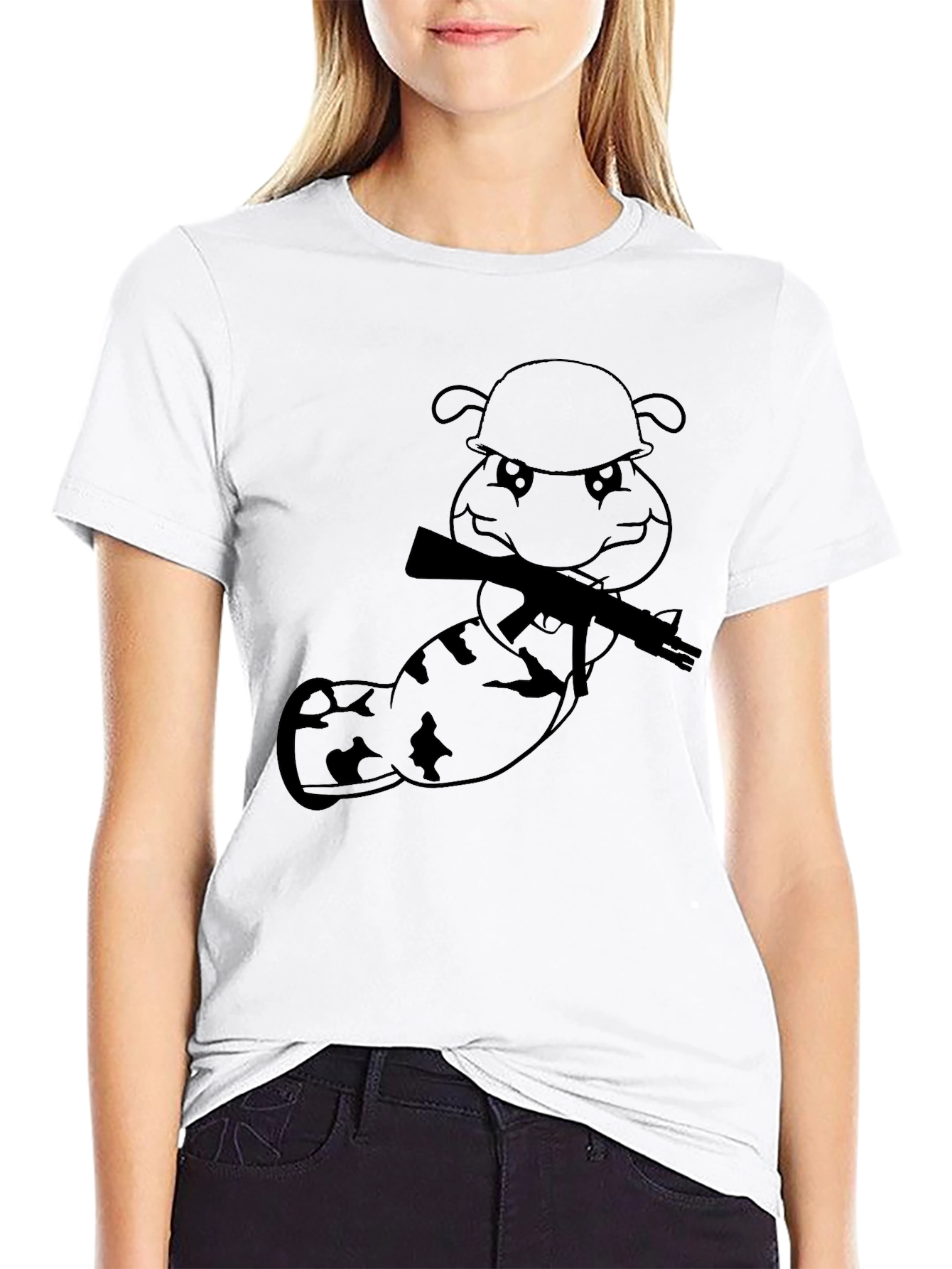 Cartoon Soldier Worm Graphic Tee - Black