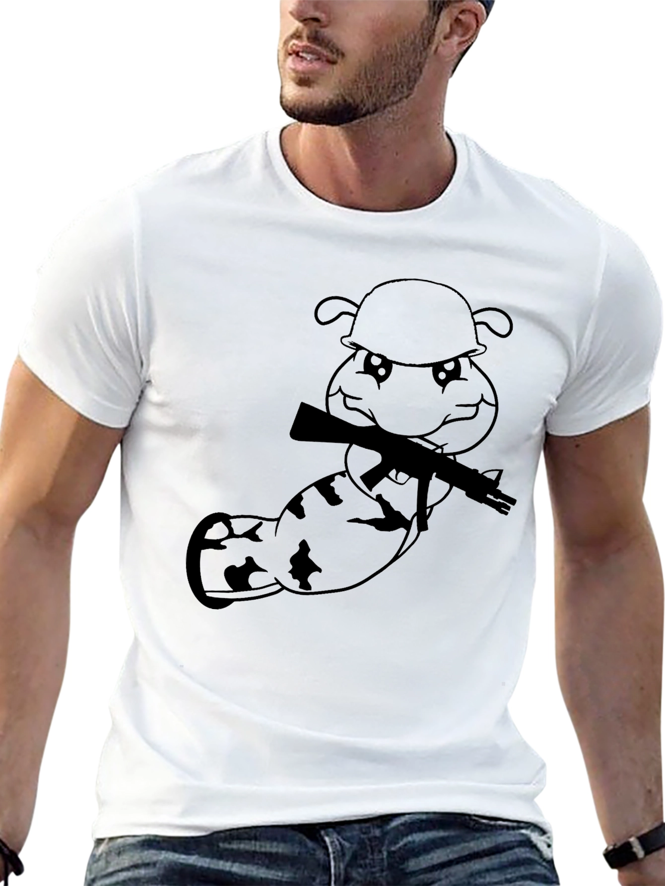 Cartoon Soldier Worm Graphic Tee - Black