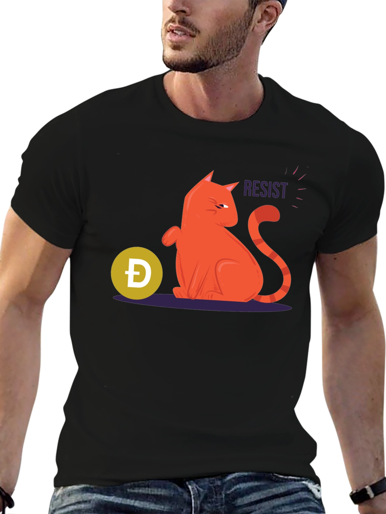 Resist Cat Graphic Tee - Black Cotton Casual Shirt