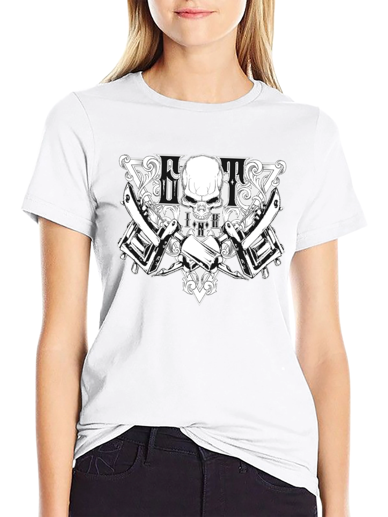 Skull & Tattoo Machine Graphic Black T-Shirt