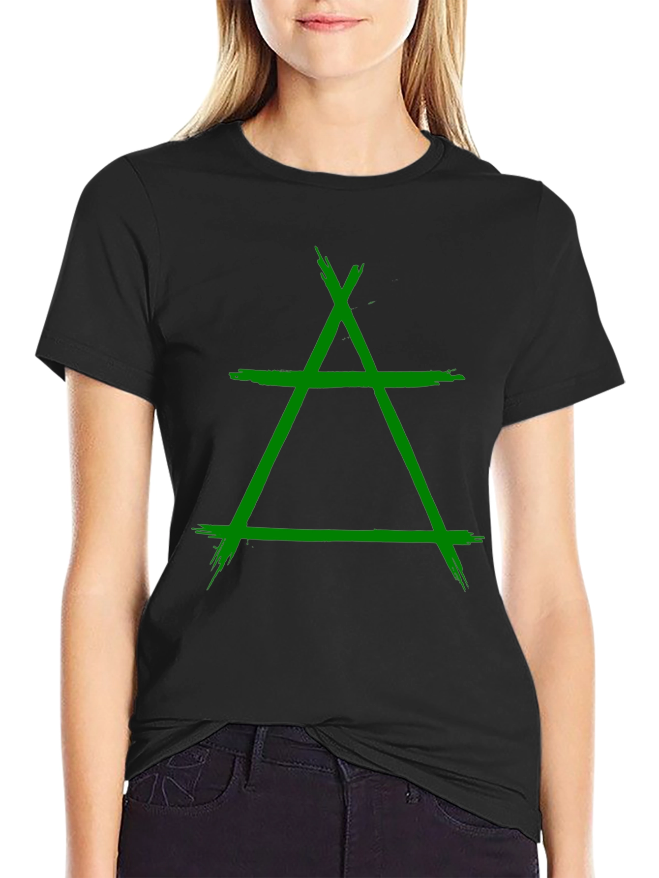 Geometric Green Symbol Graphic Black T-Shirt