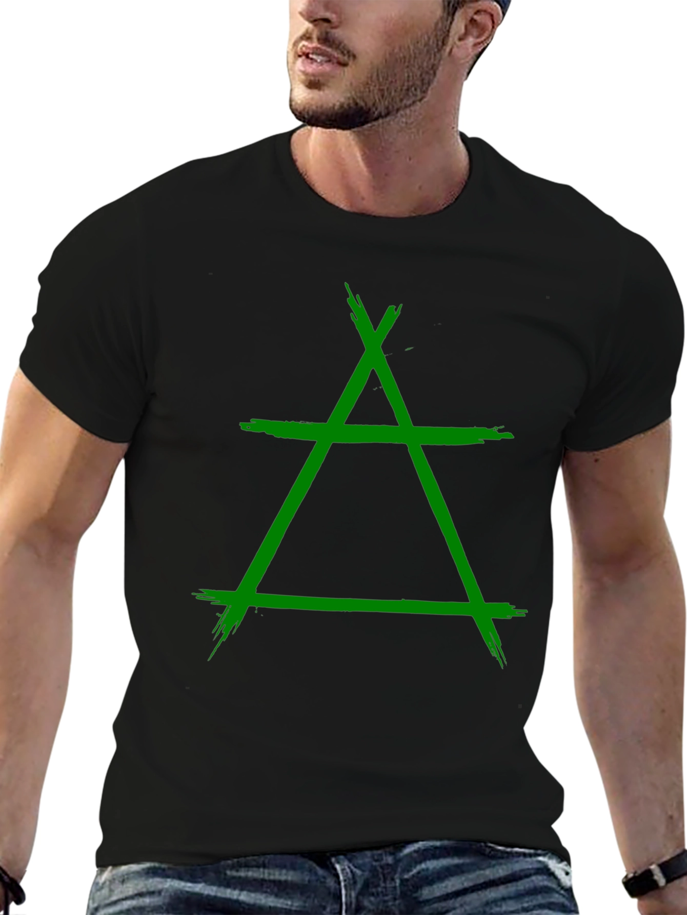 Geometric Green Symbol Graphic Black T-Shirt