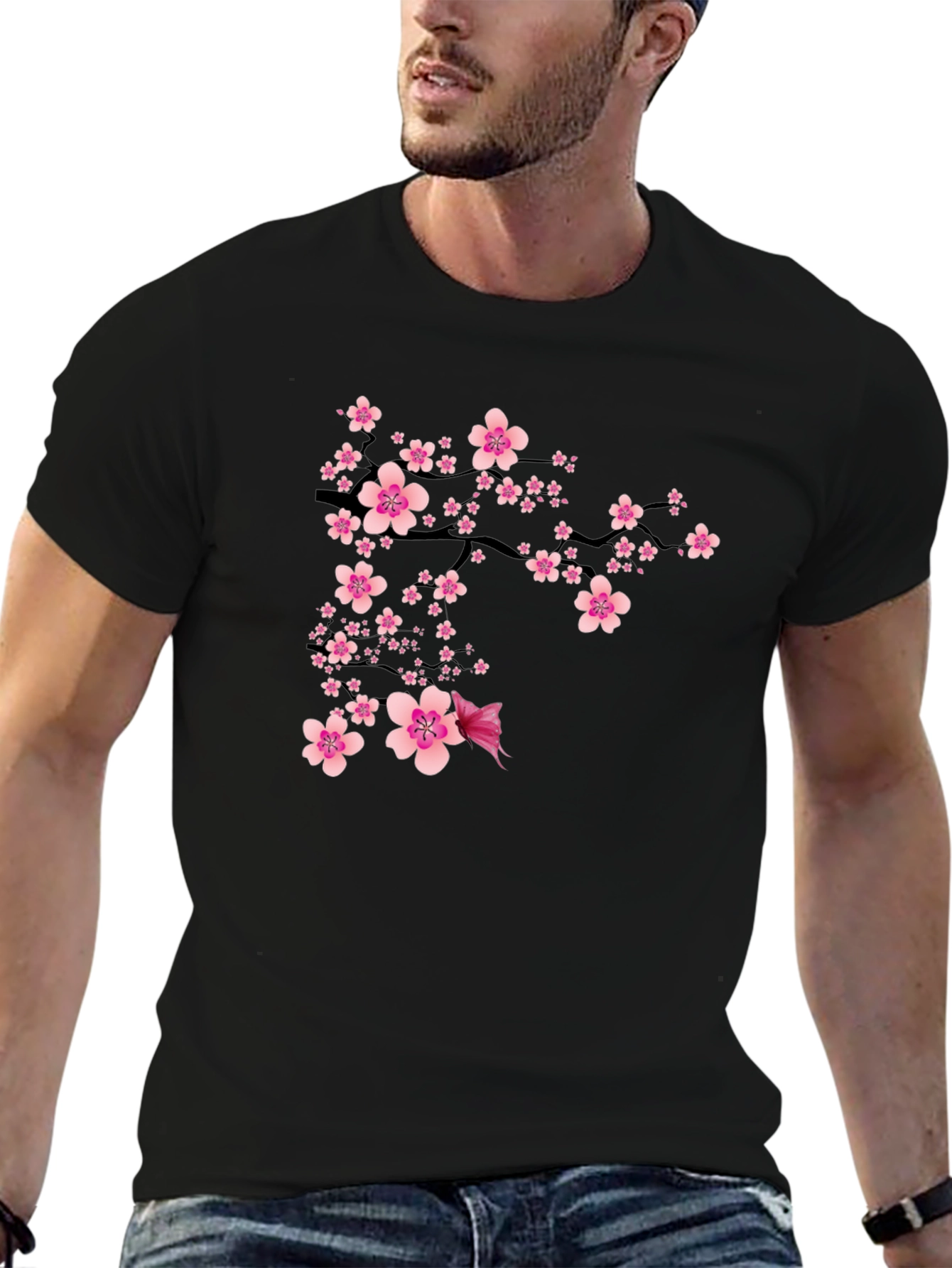 Black T-Shirt with Pink Cherry Blossom Design