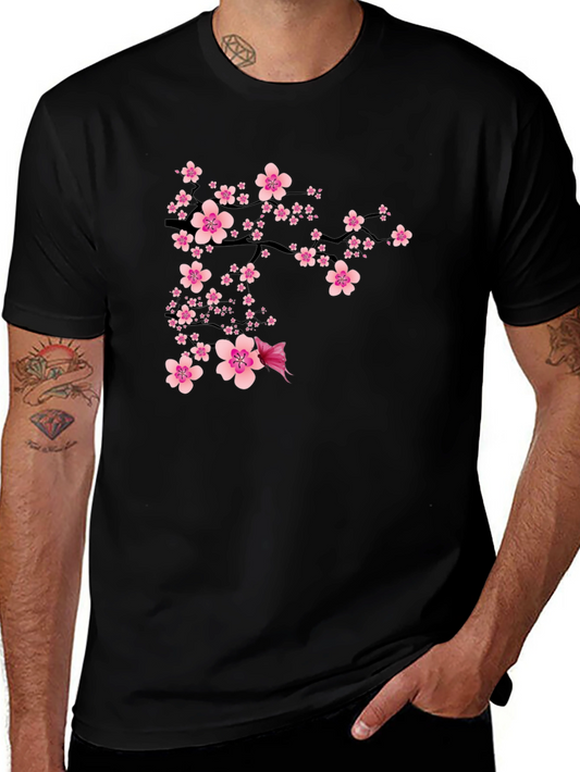 Black T-Shirt with Pink Cherry Blossom Design