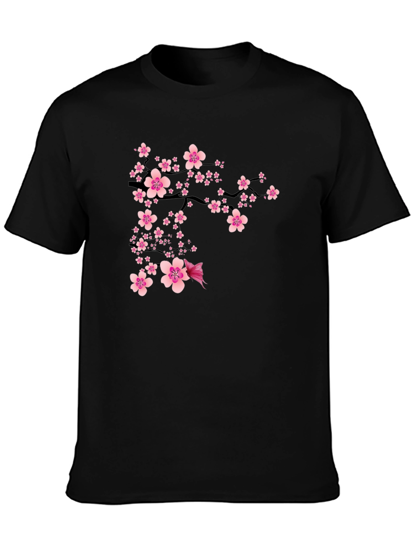 Black T-Shirt with Pink Cherry Blossom Design