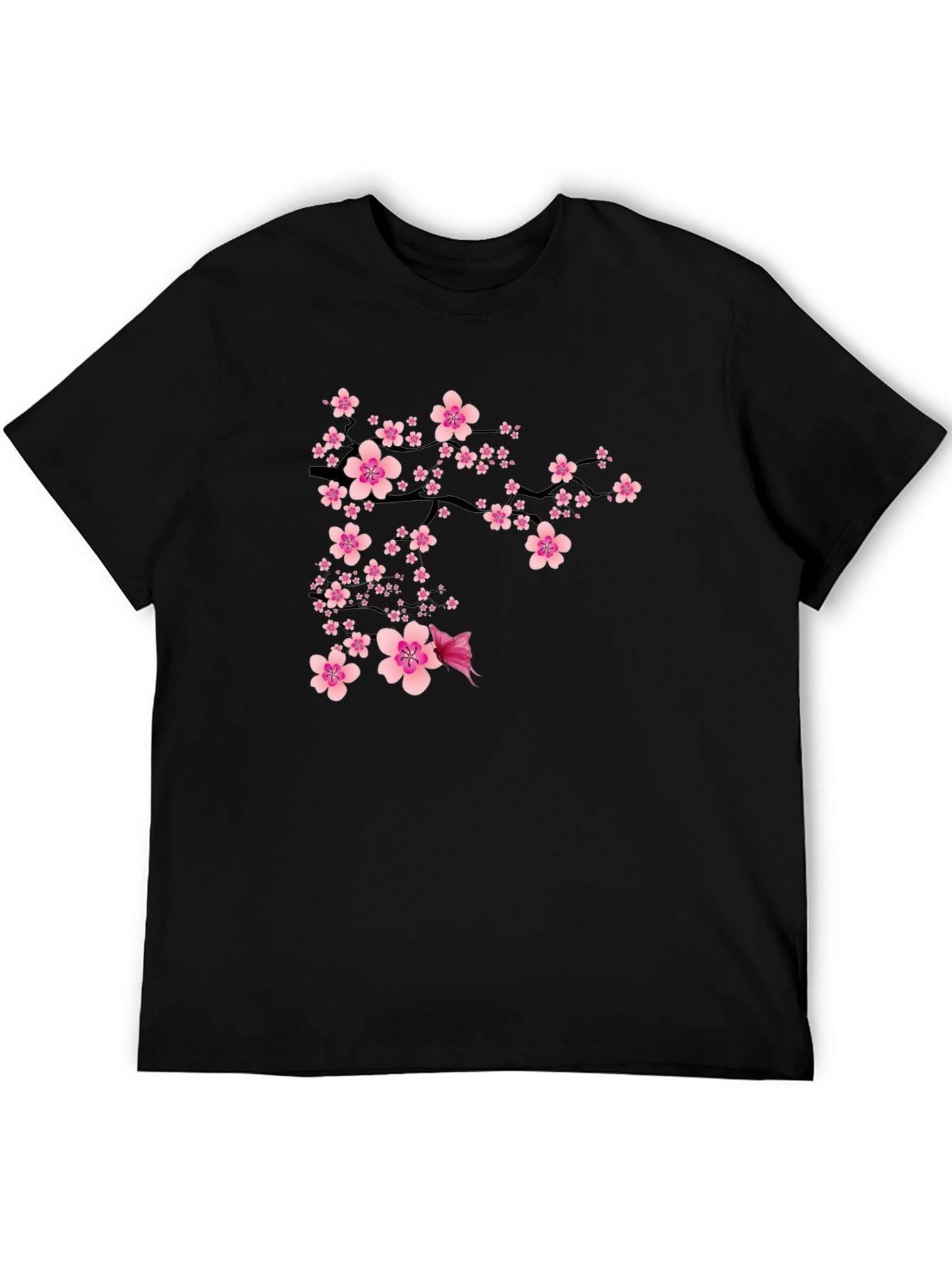 Black T-Shirt with Pink Cherry Blossom Design