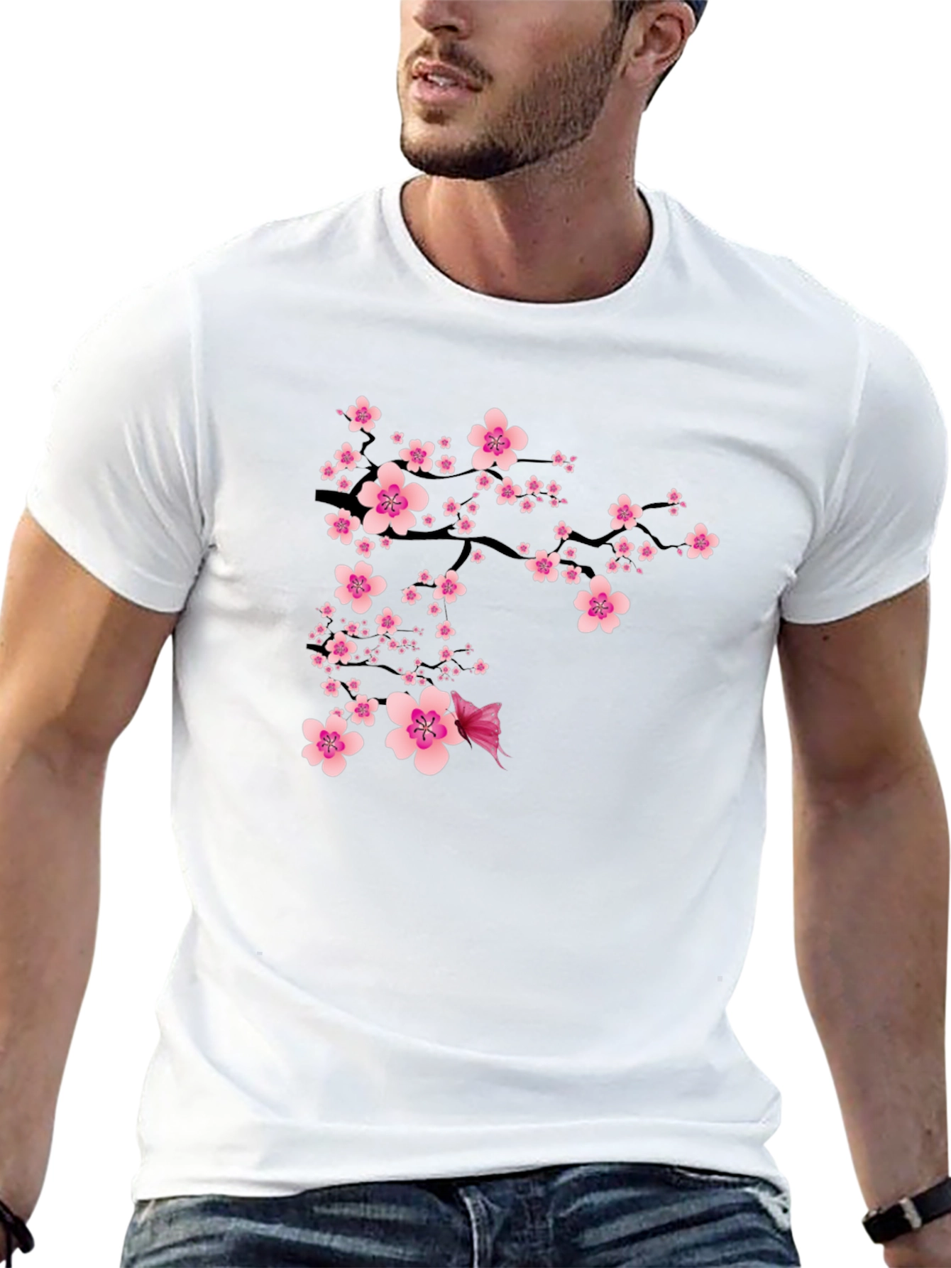 Black T-Shirt with Pink Cherry Blossom Design