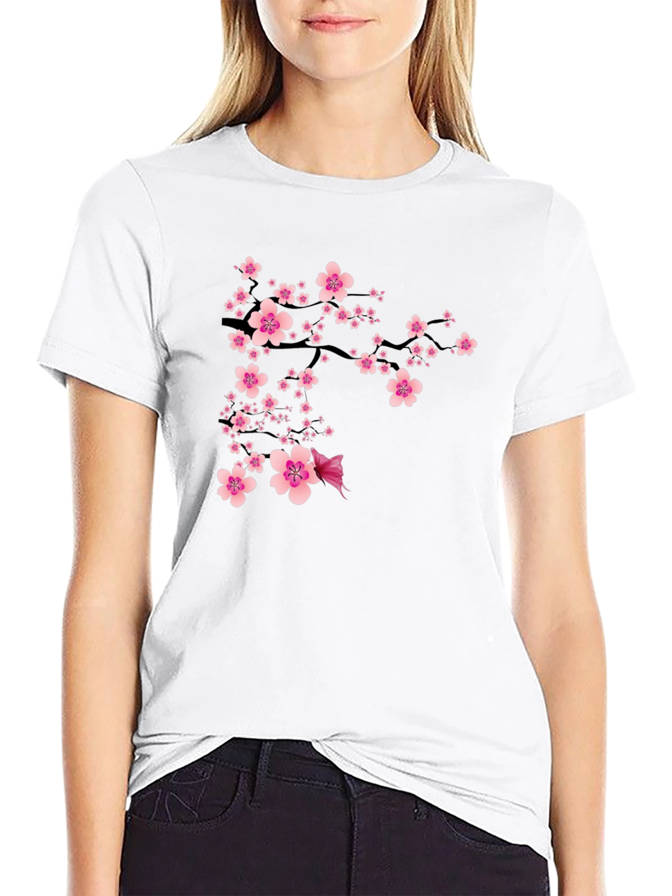 Black T-Shirt with Pink Cherry Blossom Design