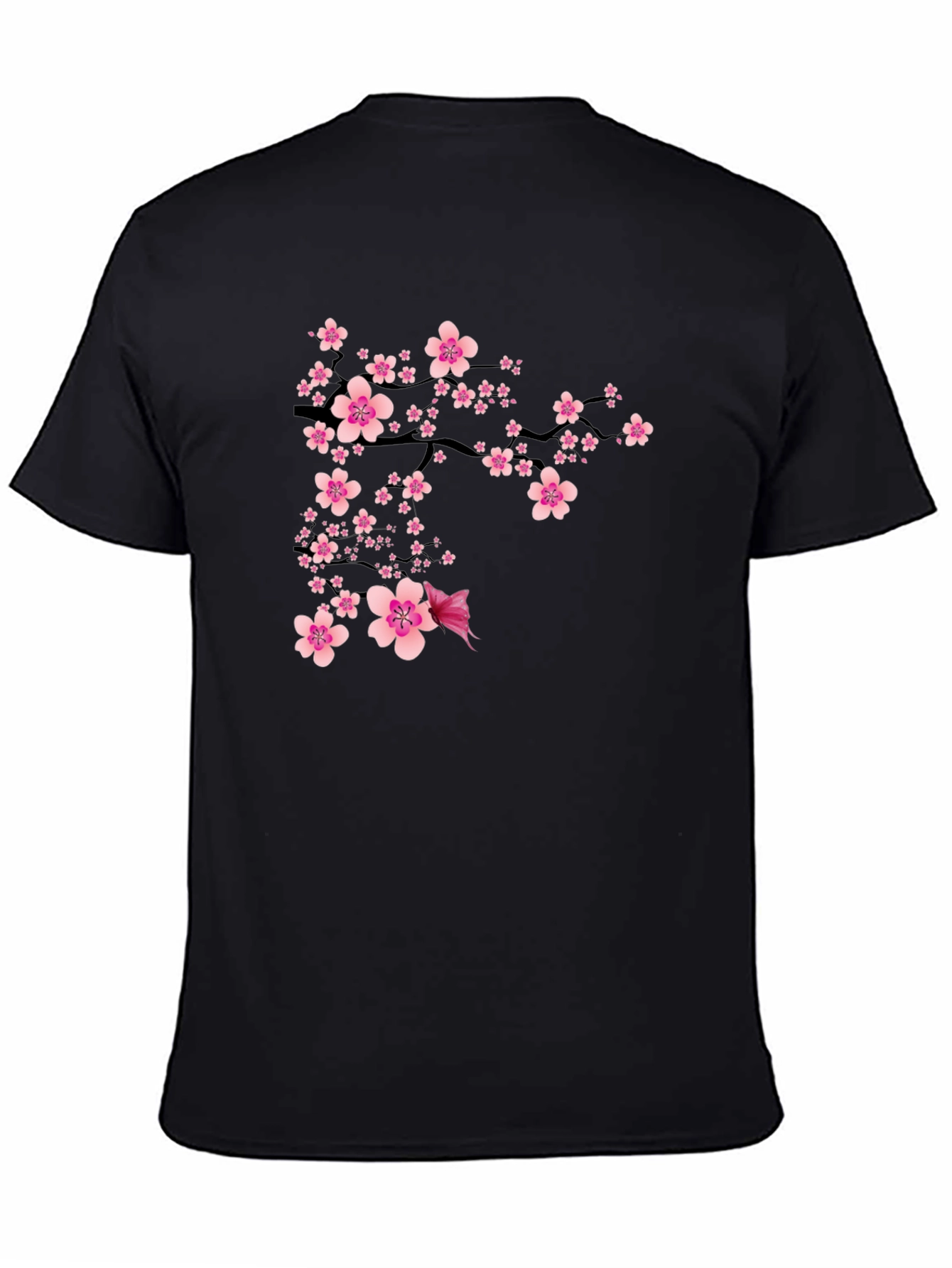 Black T-Shirt with Pink Cherry Blossom Design