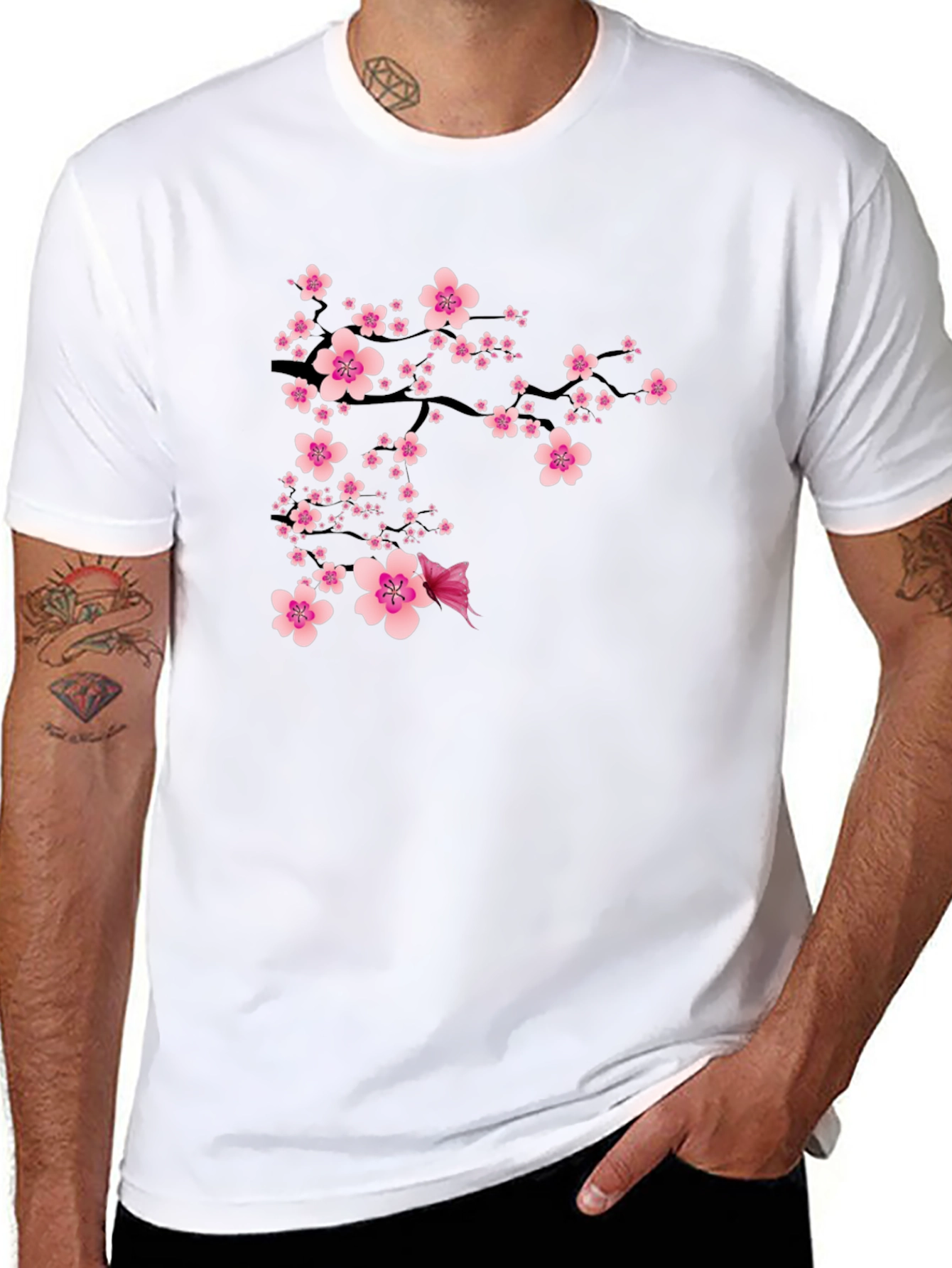 Black T-Shirt with Pink Cherry Blossom Design