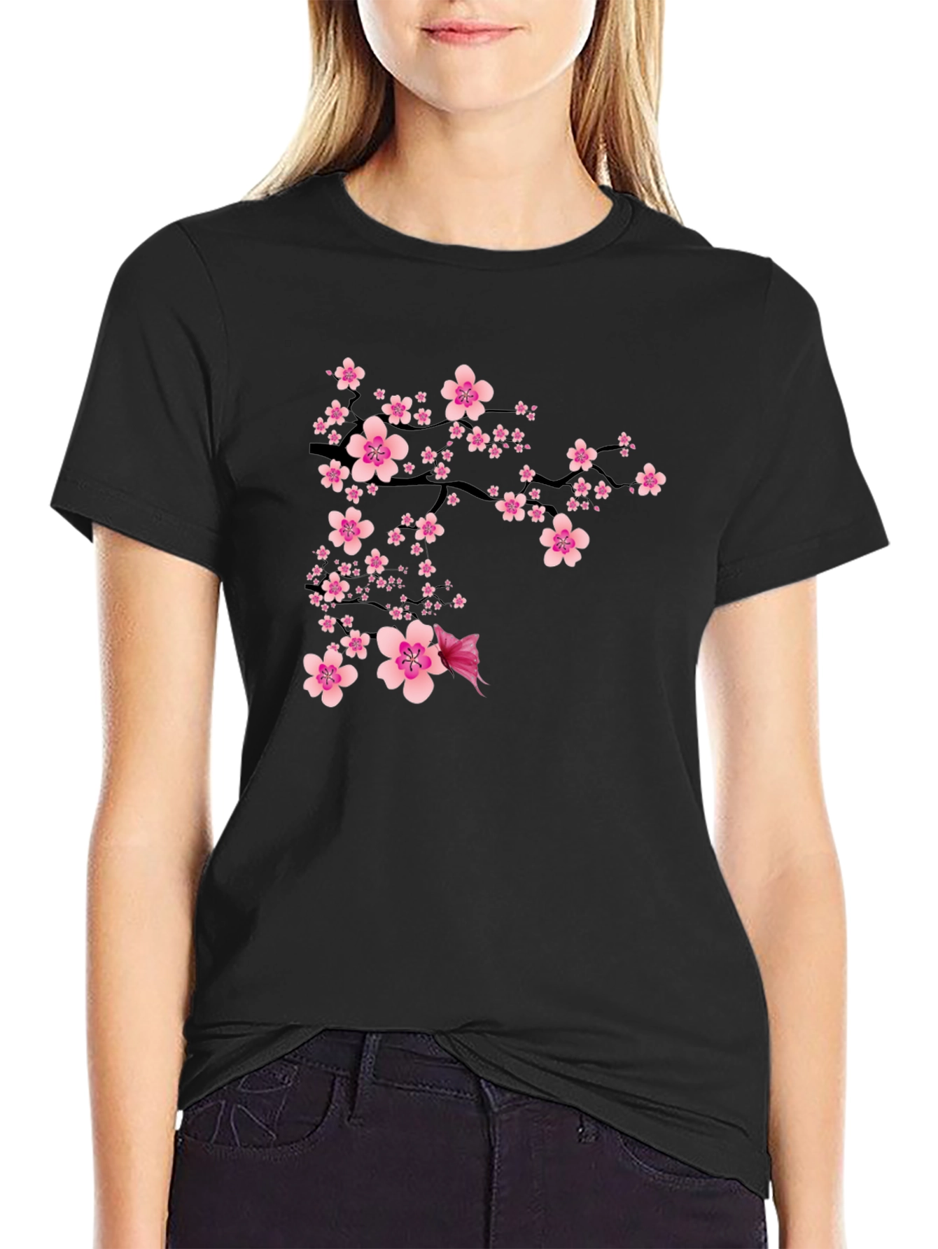 Black T-Shirt with Pink Cherry Blossom Design