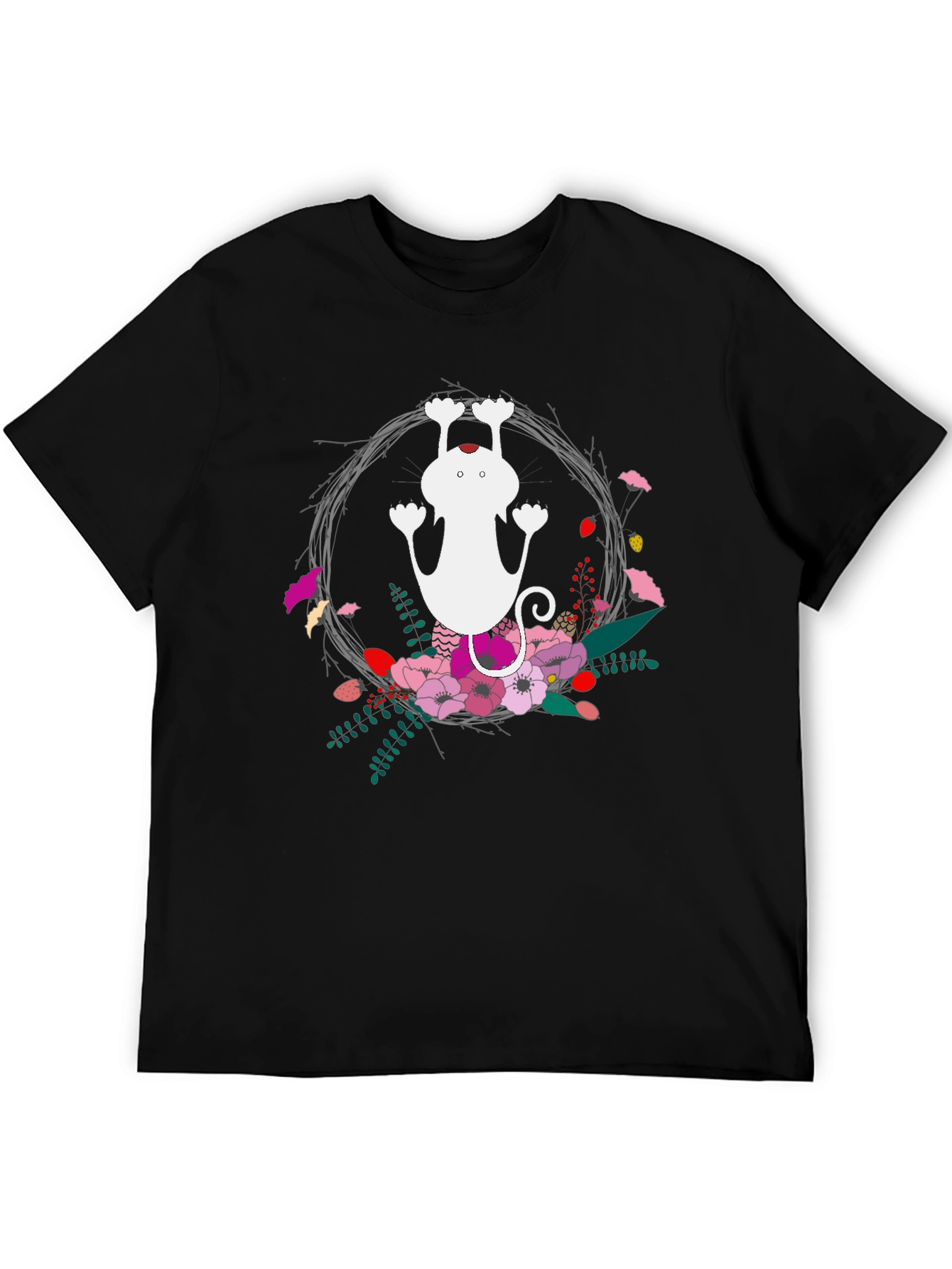 Cute Cat Floral Wreath Black T-Shirt
