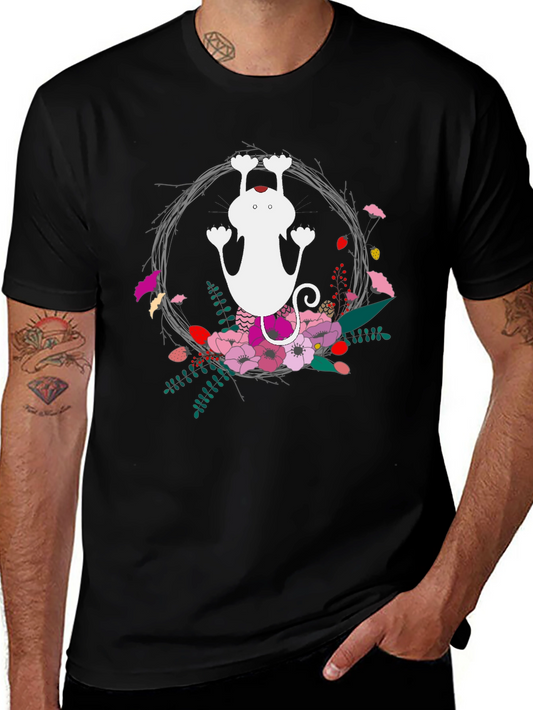 Cute Cat Floral Wreath Black T-Shirt