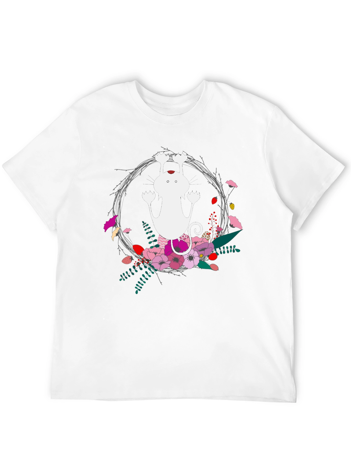 Cute Cat Floral Wreath Black T-Shirt