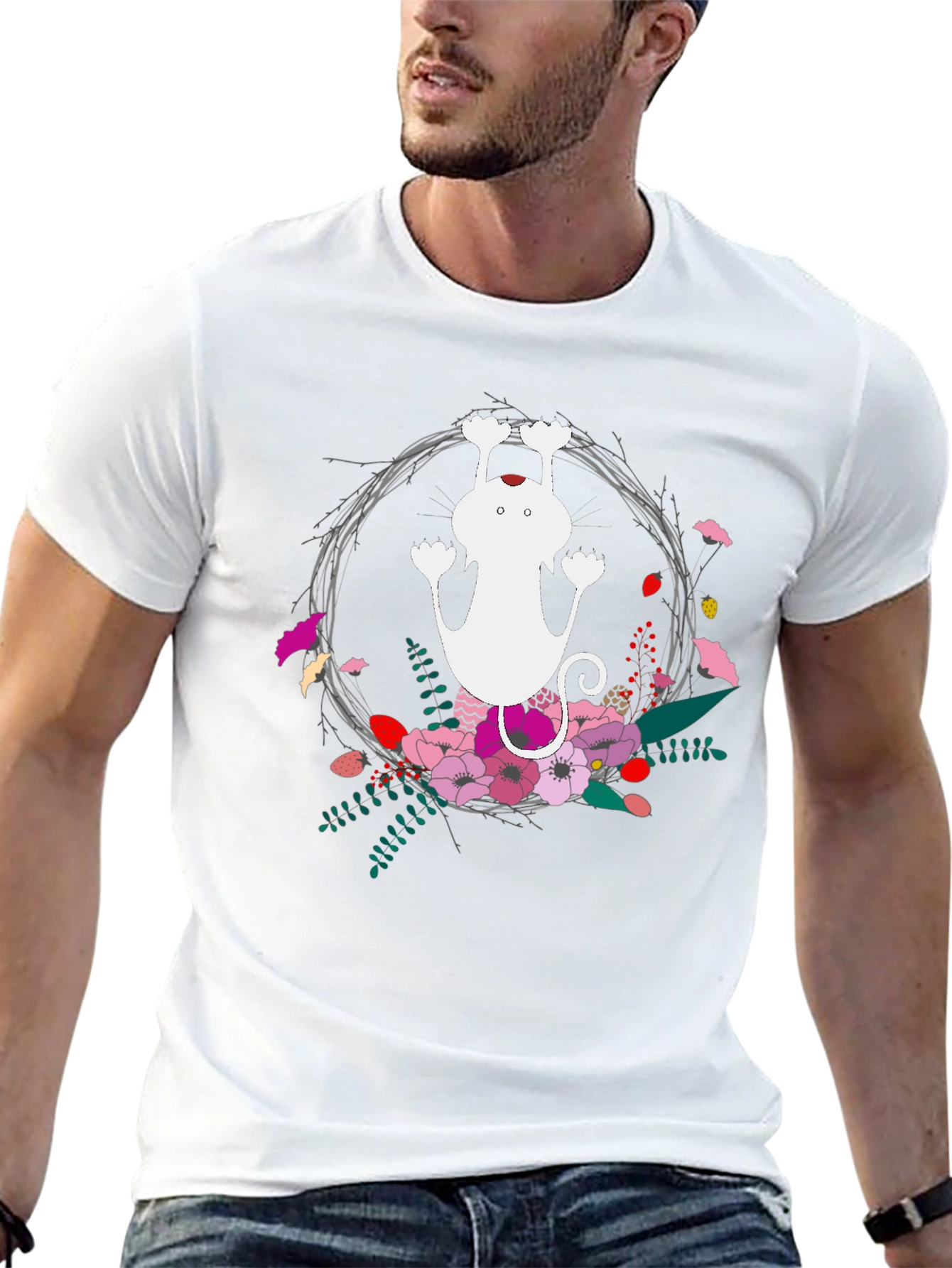 Cute Cat Floral Wreath Black T-Shirt