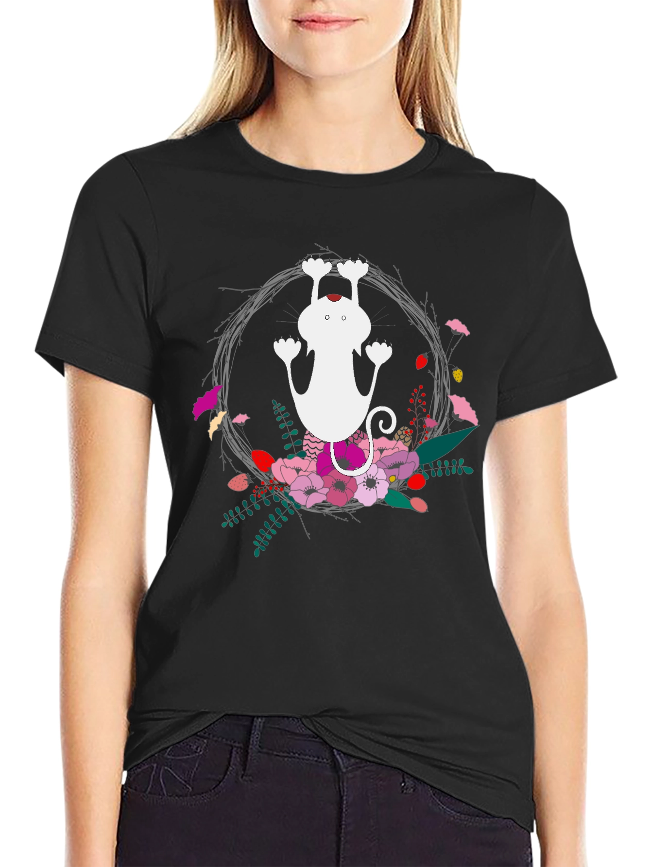 Cute Cat Floral Wreath Black T-Shirt