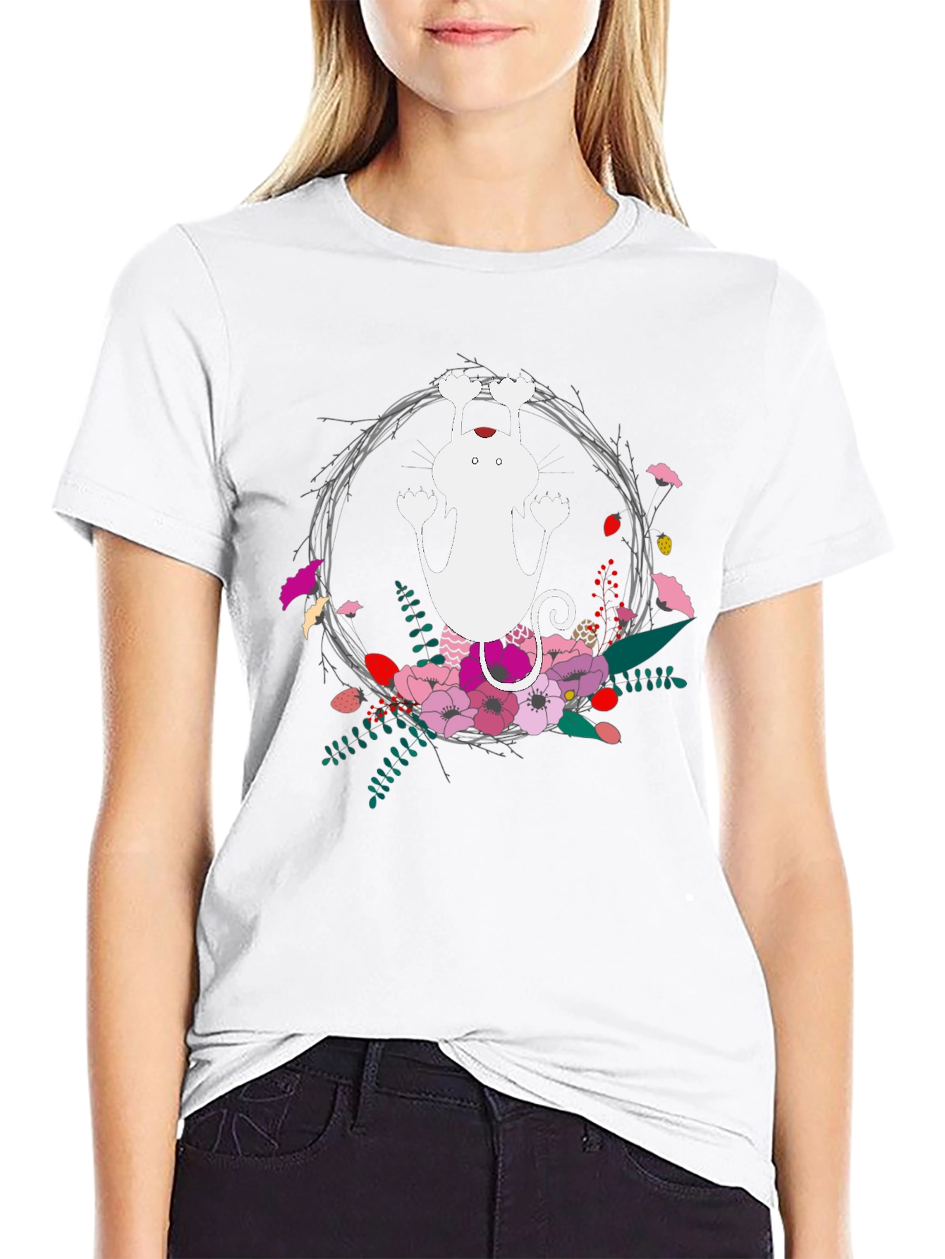 Cute Cat Floral Wreath Black T-Shirt
