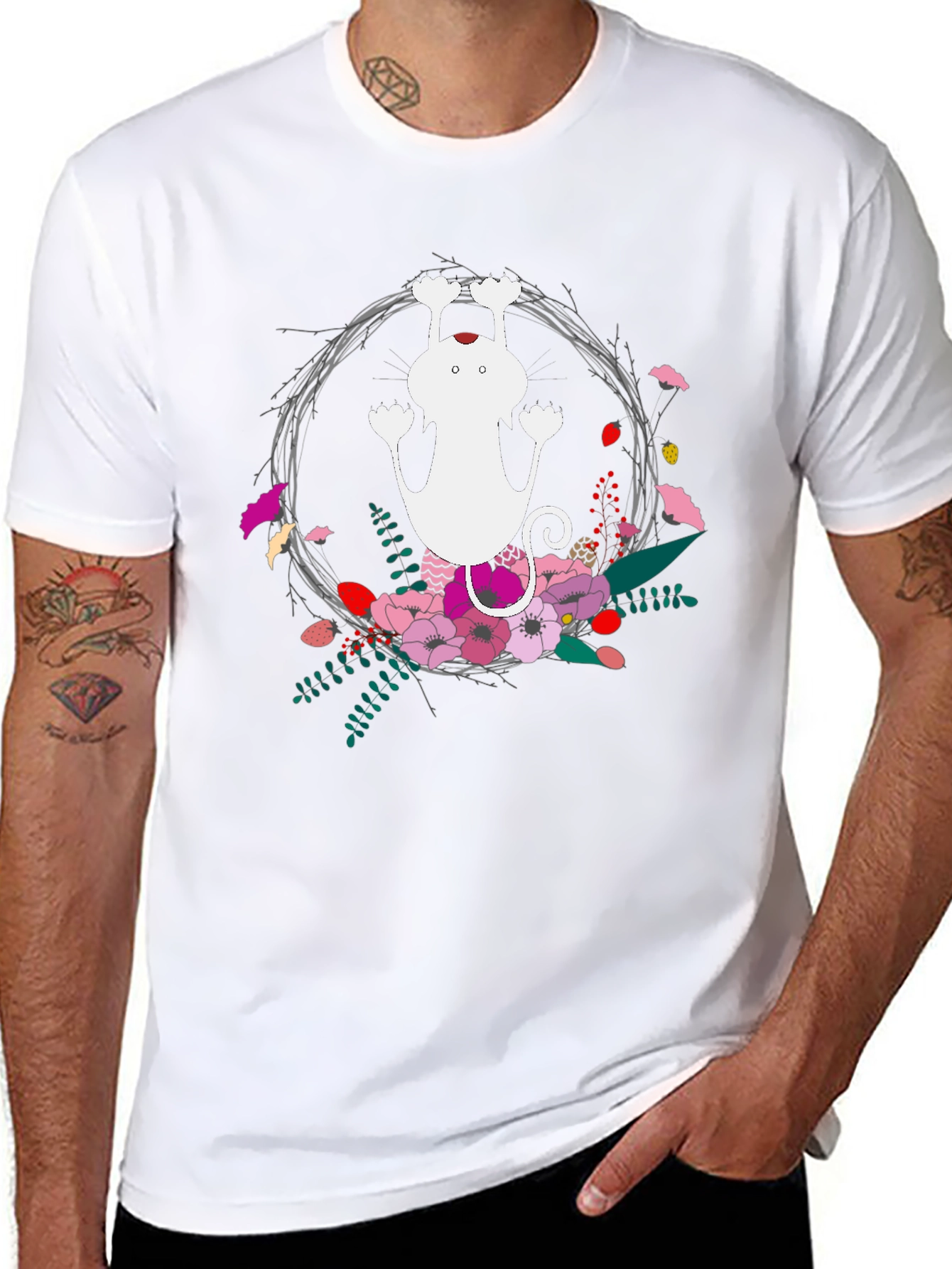 Cute Cat Floral Wreath Black T-Shirt