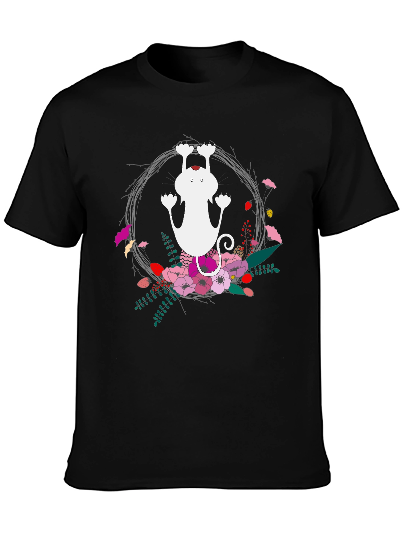 Cute Cat Floral Wreath Black T-Shirt
