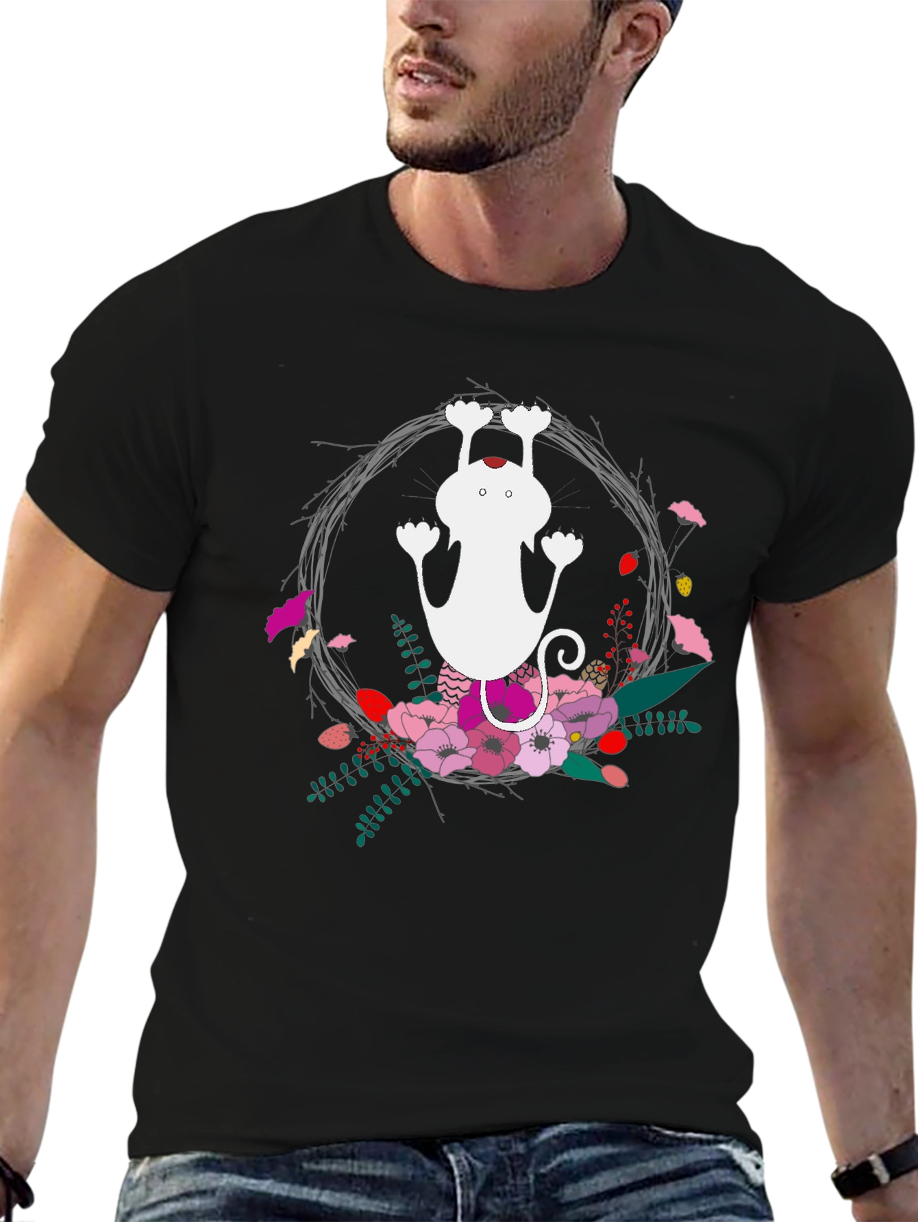 Cute Cat Floral Wreath Black T-Shirt