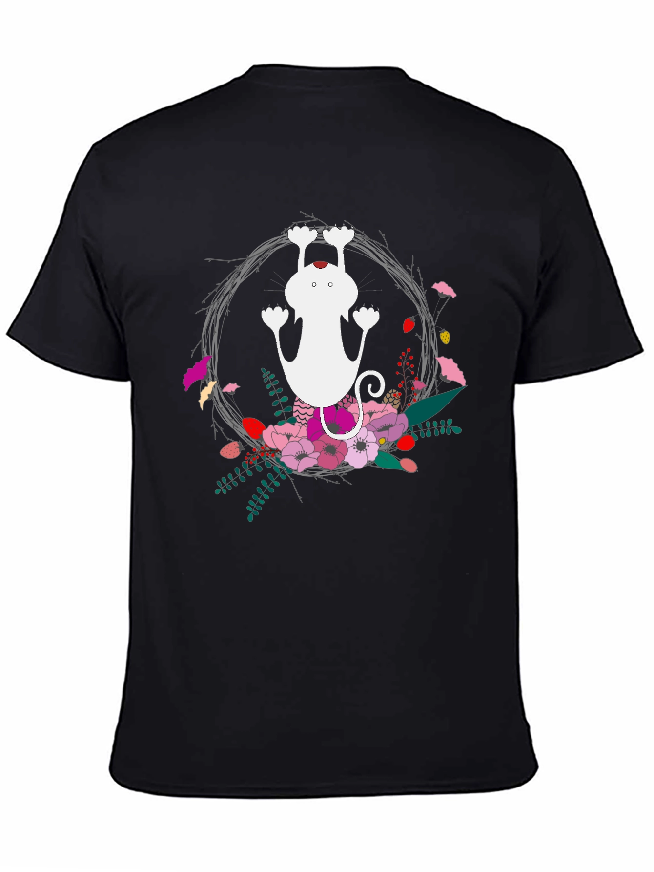 Cute Cat Floral Wreath Black T-Shirt