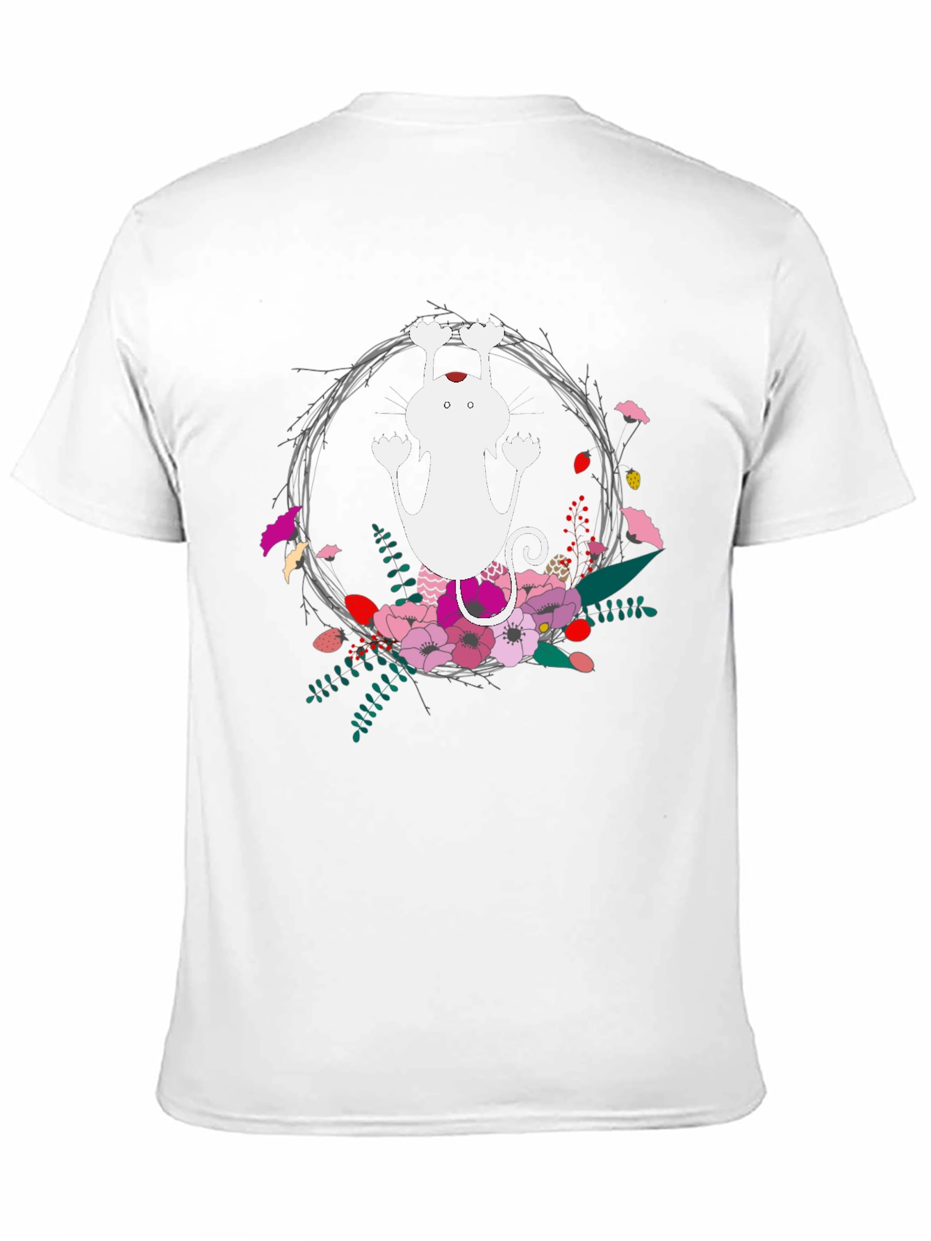 Cute Cat Floral Wreath Black T-Shirt
