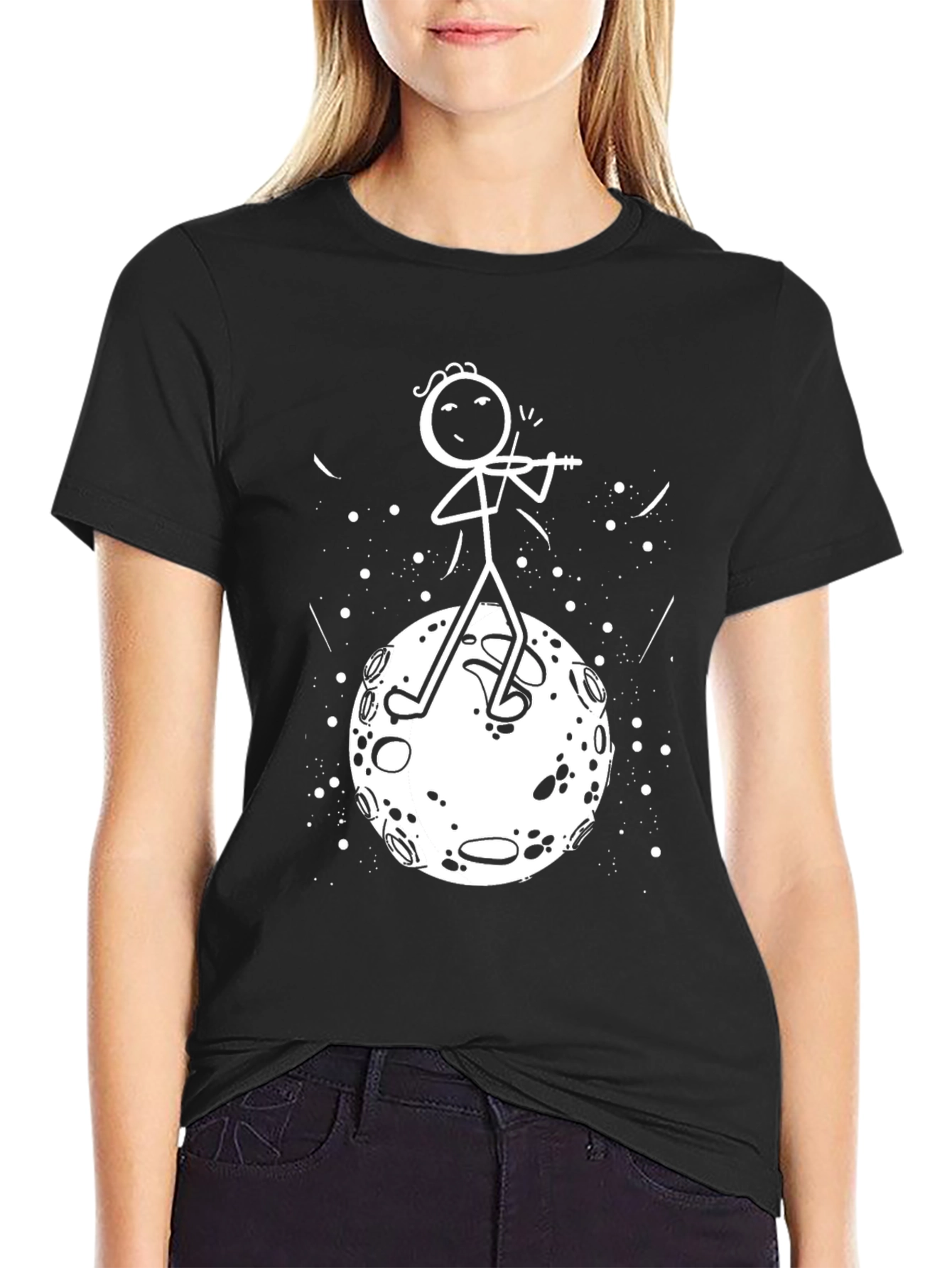 Moon Violinist Graphic Tee - Unique Stick Figure Design