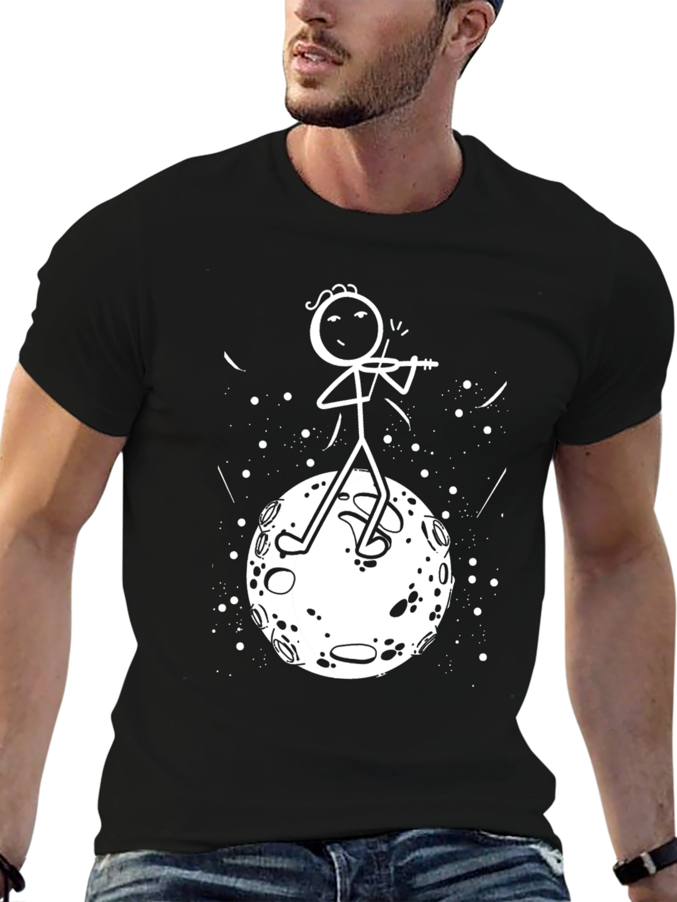 Moon Violinist Graphic Tee - Unique Stick Figure Design