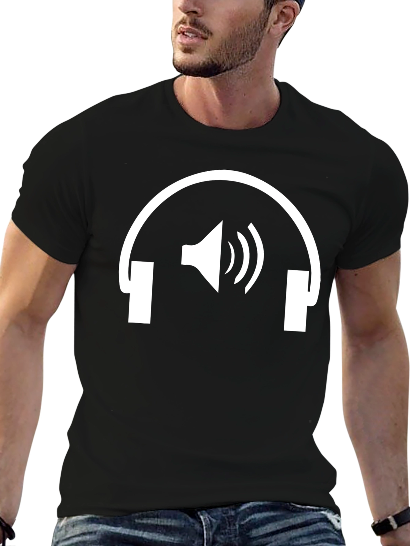 Headphones Speaker Graphic Tee - Black Cotton T-Shirt